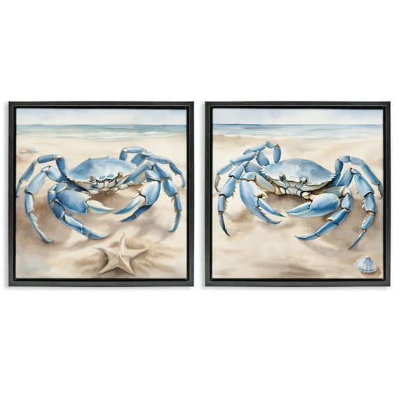 Stupell Industries Nautical Blue Crabs Beach Animals Painting Black Floater Framed Canvas Art Print Wall Art, 25 x 25, Set of 2