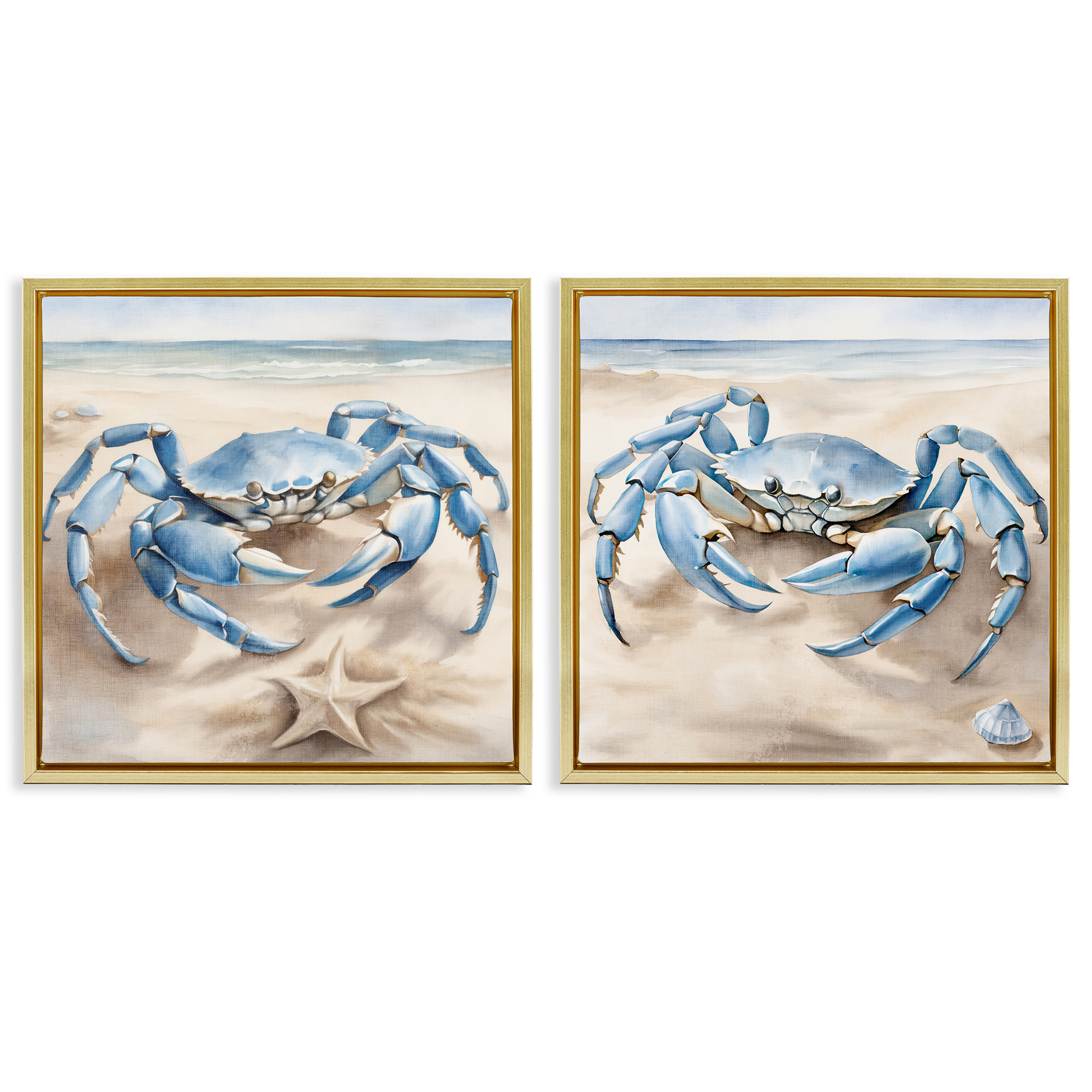 Stupell Industries Nautical Blue Crabs Beach Animals Painting Gold Floater Framed Canvas Art Print Wall Art, 25 x 25, Set of 2