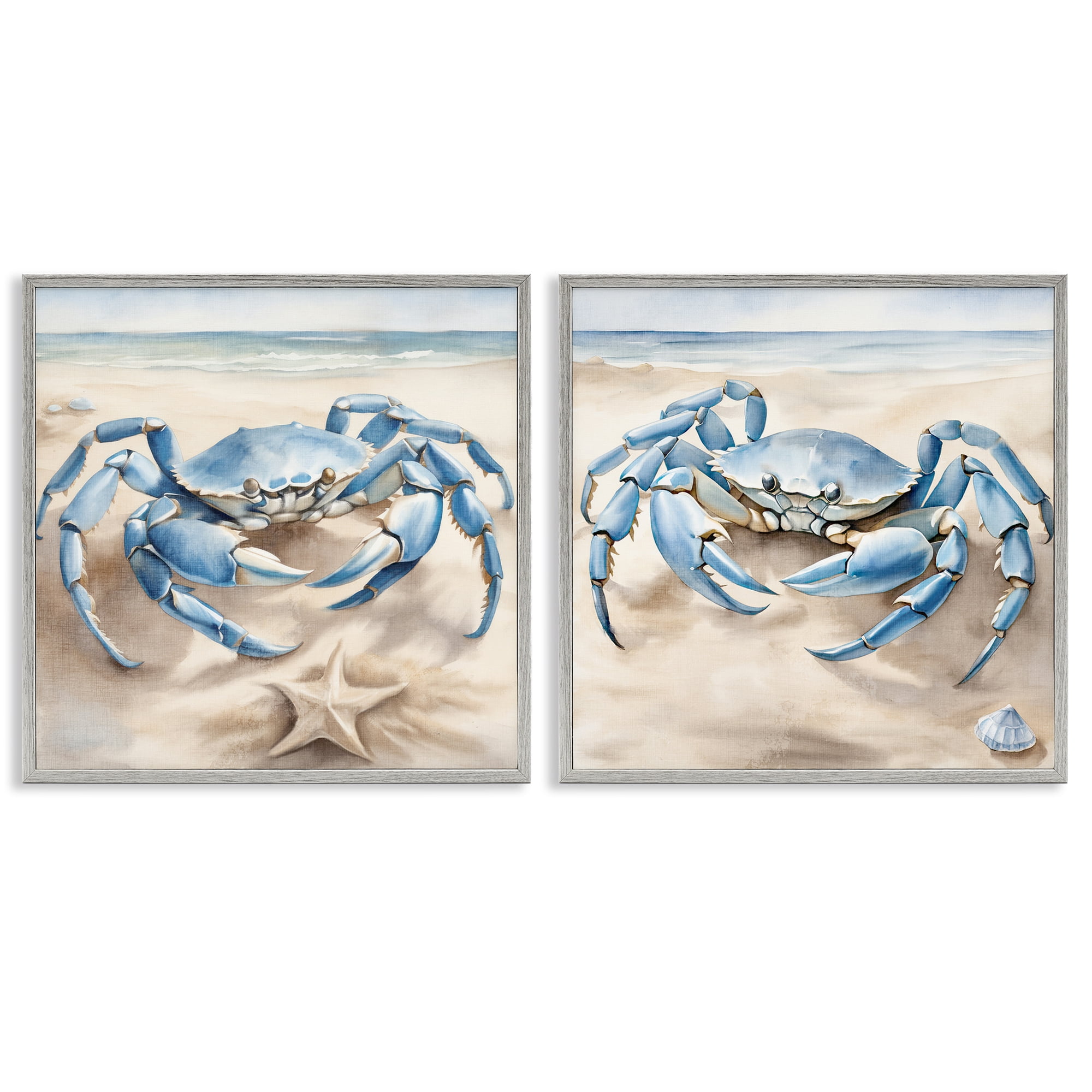 Stupell Industries Nautical Blue Crabs Beach Animals Painting Gray Framed Art Print Wall Art, 24 x 24, Set of 2