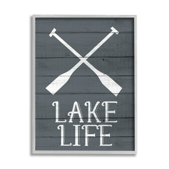 Stupell Industries Nautical Blue Lake Life Phrase Rustic Boat Oars Graphic Art Gray Framed Art Print Wall Art, 24x30, by Kimberly Allen