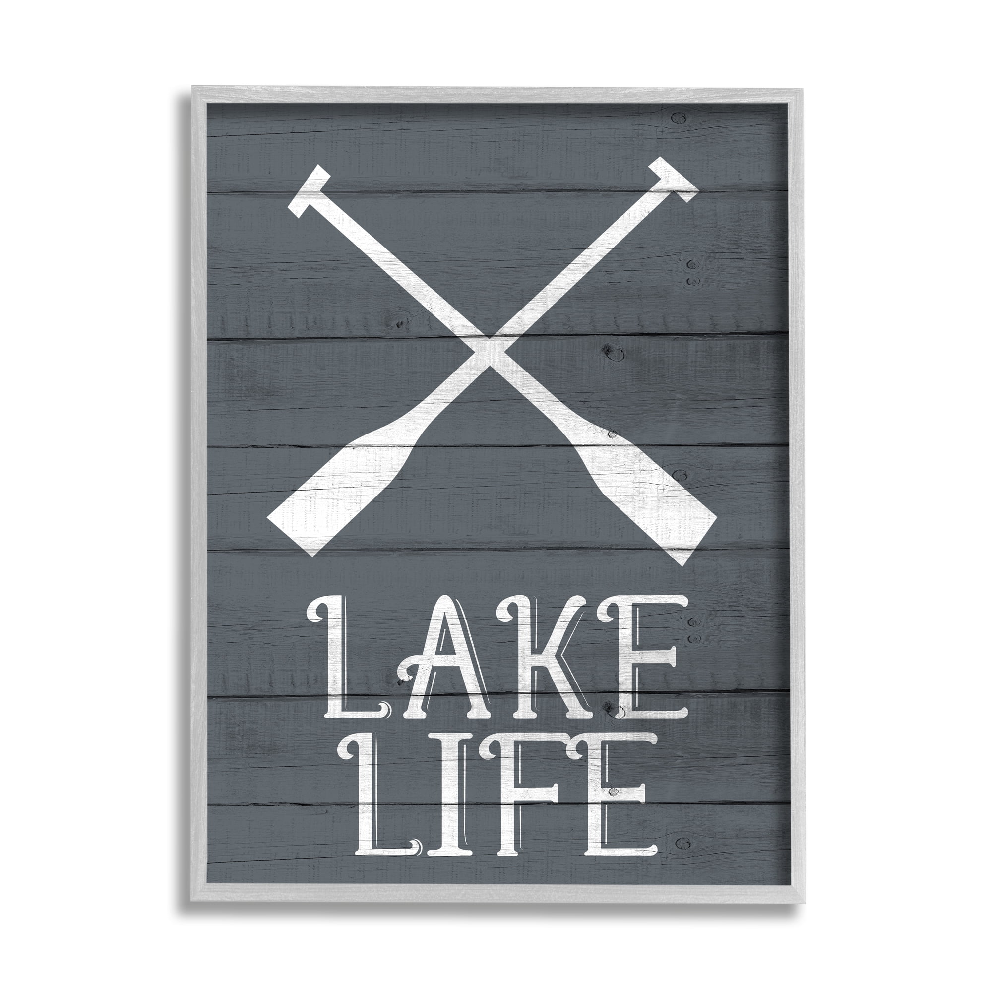 Stupell Industries Nautical Blue Lake Life Phrase Rustic Boat Oars Gray Framed by Kim Allen