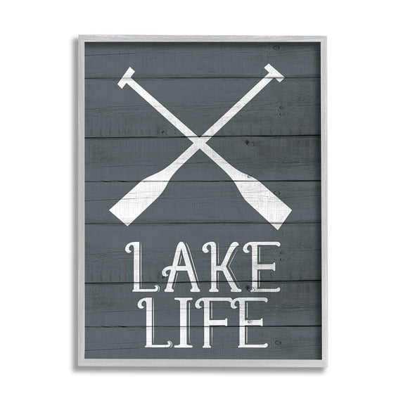 Stupell Industries Nautical Blue Lake Life Phrase Rustic Boat Oars Gray Framed by Kim Allen