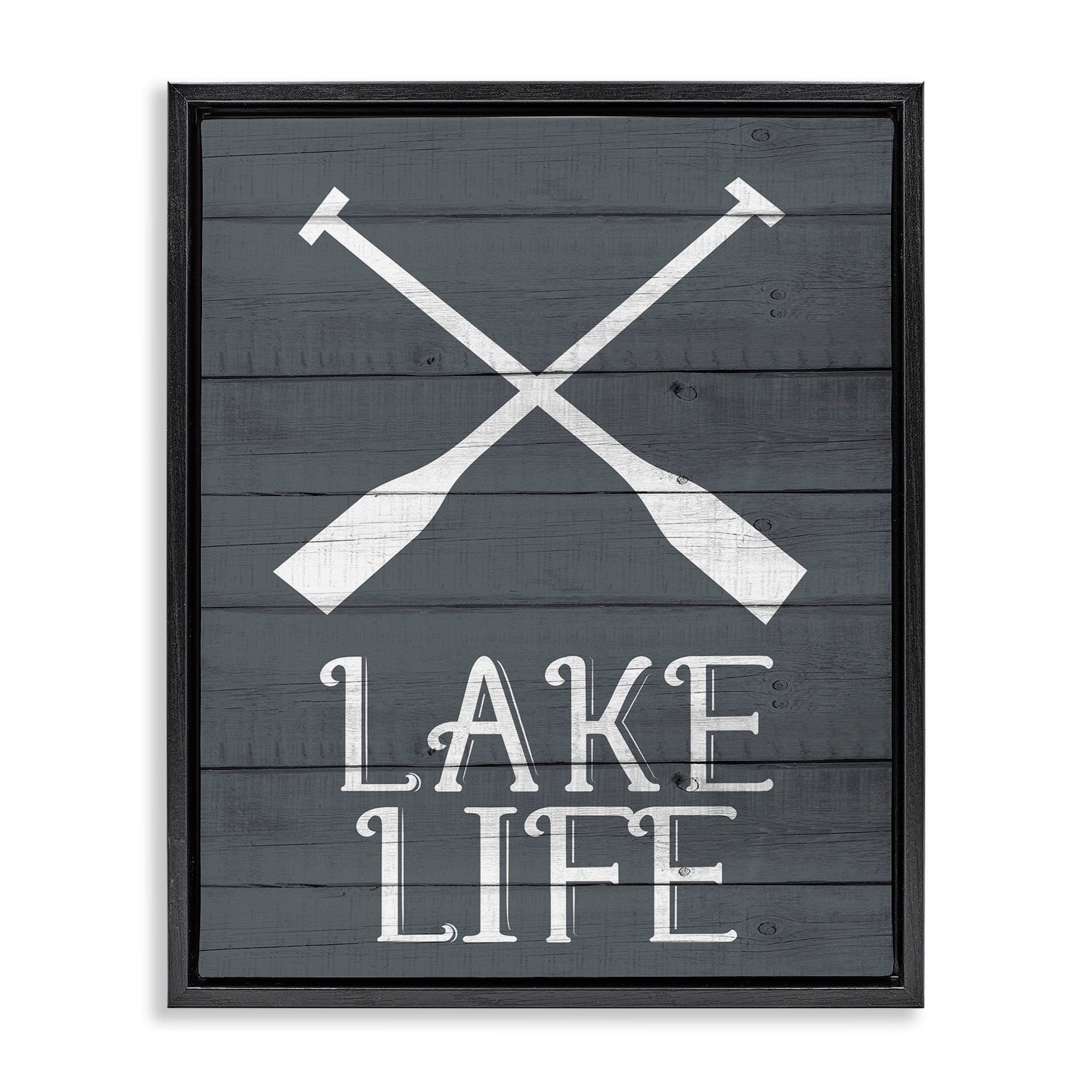 Stupell Industries Nautical Blue Lake Life Phrase Rustic Boat Oars Jet Black Framed Floating Canvas Wall Art, 24x30, by Kim Allen