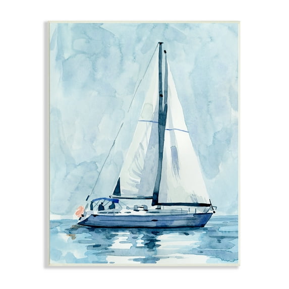 Stupell Industries Nautical Blue Sailboat Tranquil Coastal Water Watercolor Painting, 10 x 15, Design by Emma Caroline