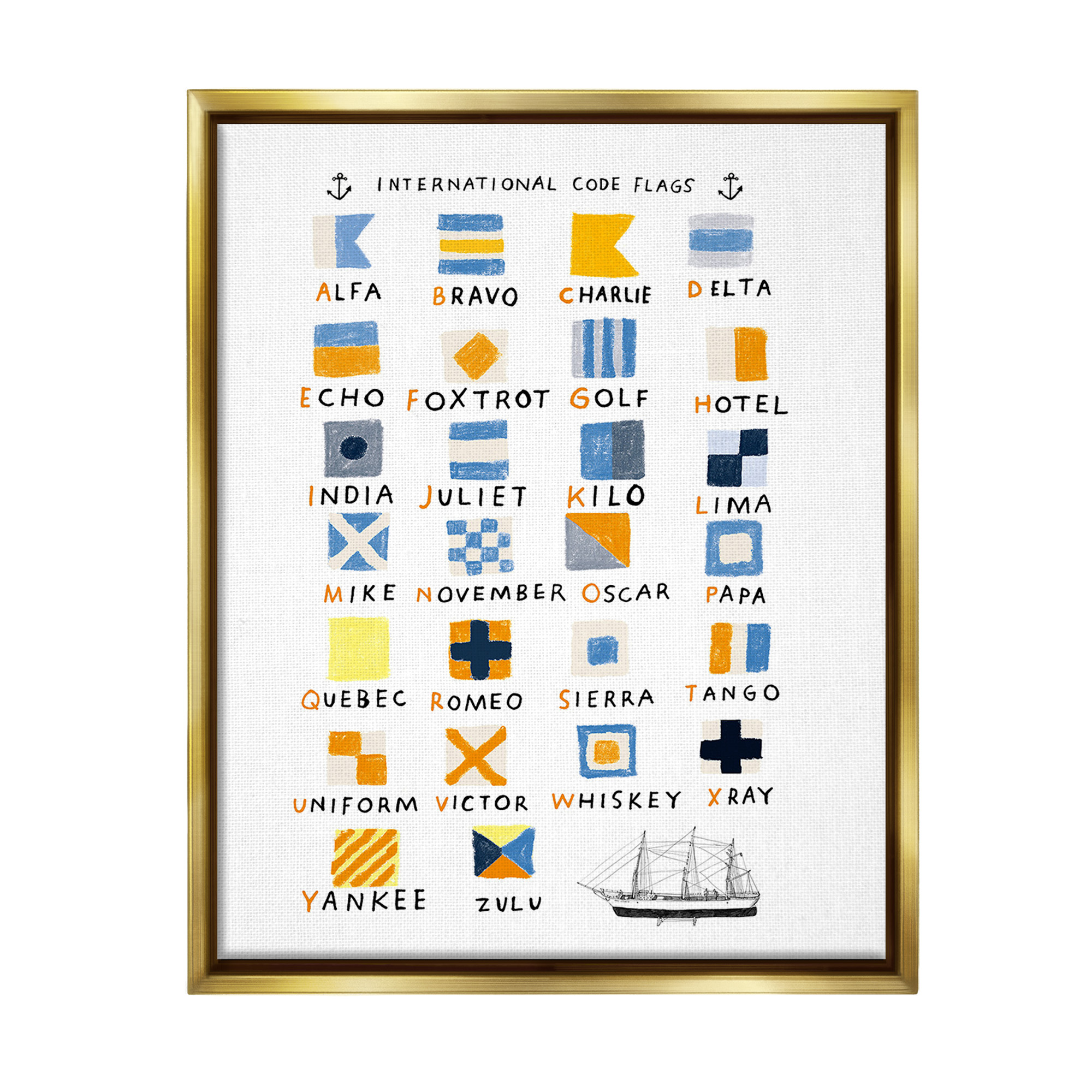 Stupell Industries Nautical Boat Flags Typography Painting Gold Floater Framed Canvas Art Print Wall Art, 17 x 21