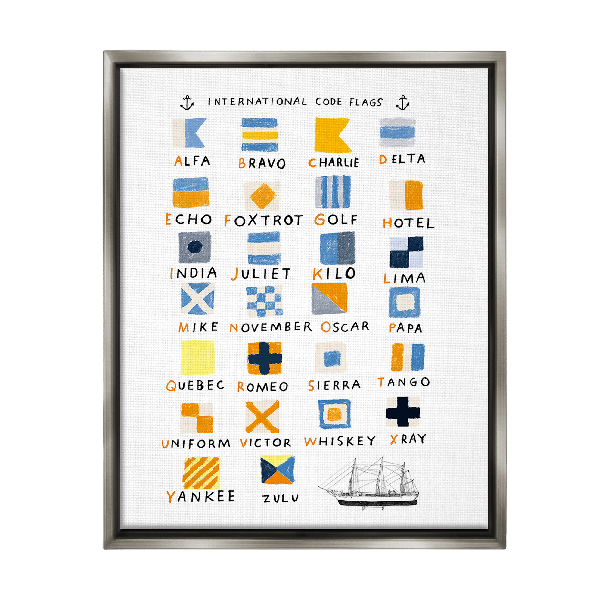Stupell Industries Nautical Boat Flags Typography Painting Gray Floater Framed Canvas Art Print Wall Art, 17 x 21