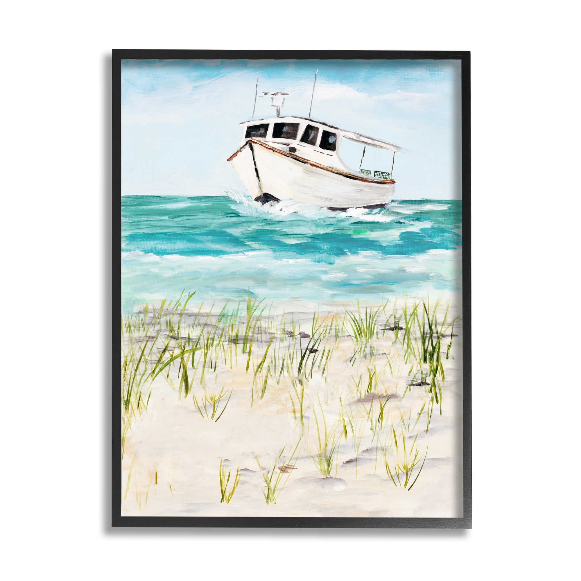 Stupell Industries Nautical Boat by Coast Grassy Beach Landscape Nature Painting Black Framed Art Print Wall Art, 16 x 20