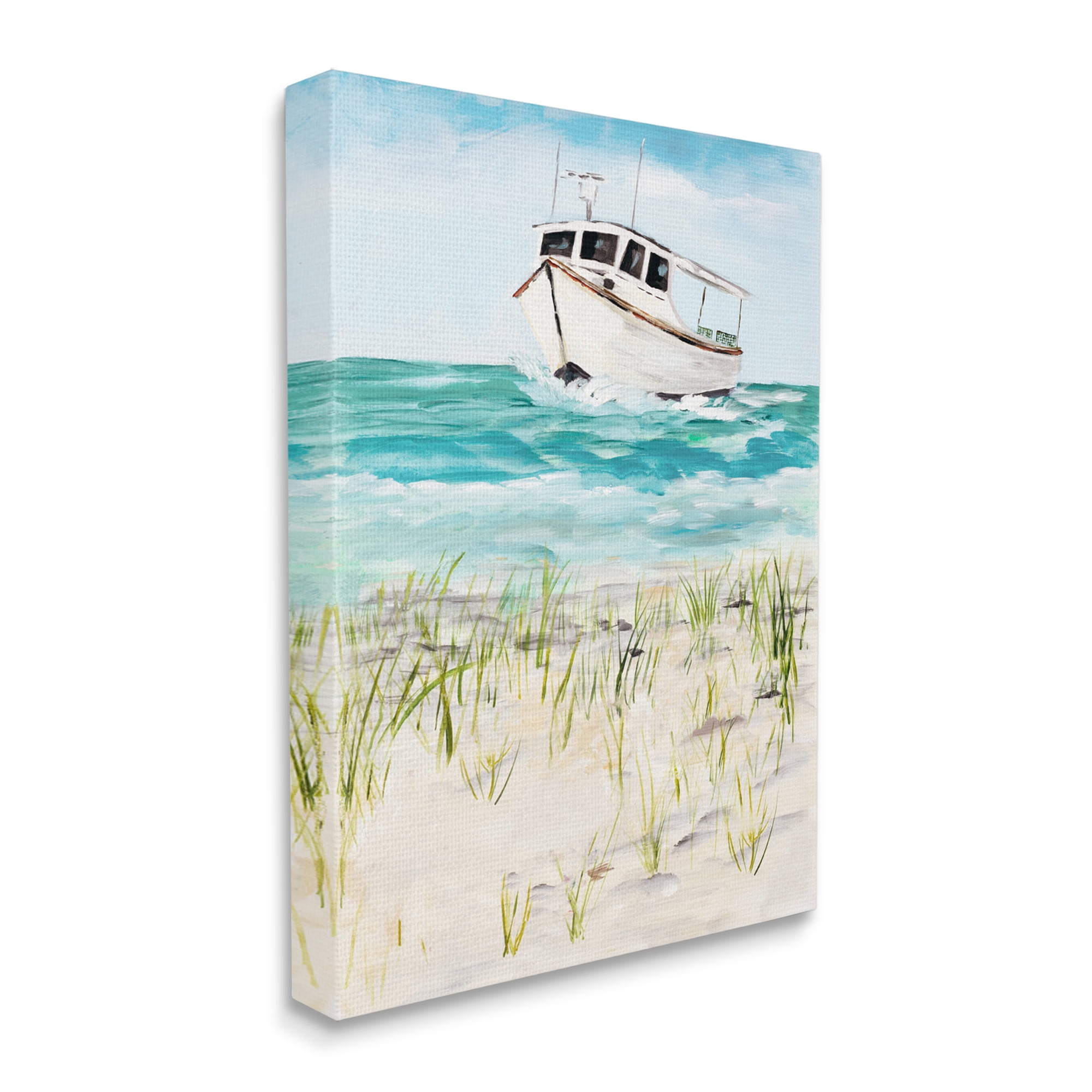Stupell Industries Nautical Boat by Coast Grassy Beach Landscape Nature Painting Gallery Wrapped Canvas Print Wall Art, 24 x 30