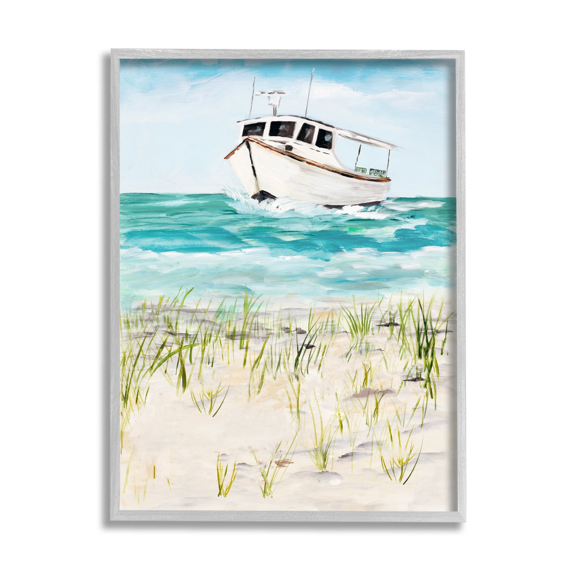 Stupell Industries Nautical Boat by Coast Grassy Beach Landscape Nature Painting Gray Framed Art Print Wall Art, 16 x 20