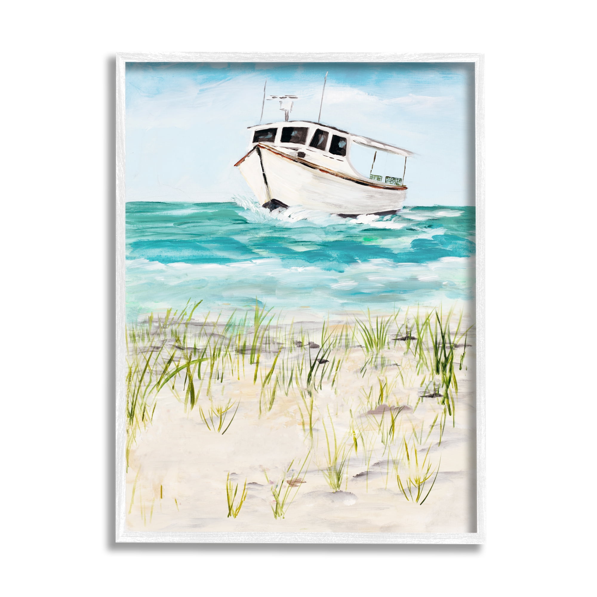 Stupell Industries Nautical Boat by Coast Grassy Beach Landscape Nature Painting White Framed Art Print Wall Art, 24 x 30