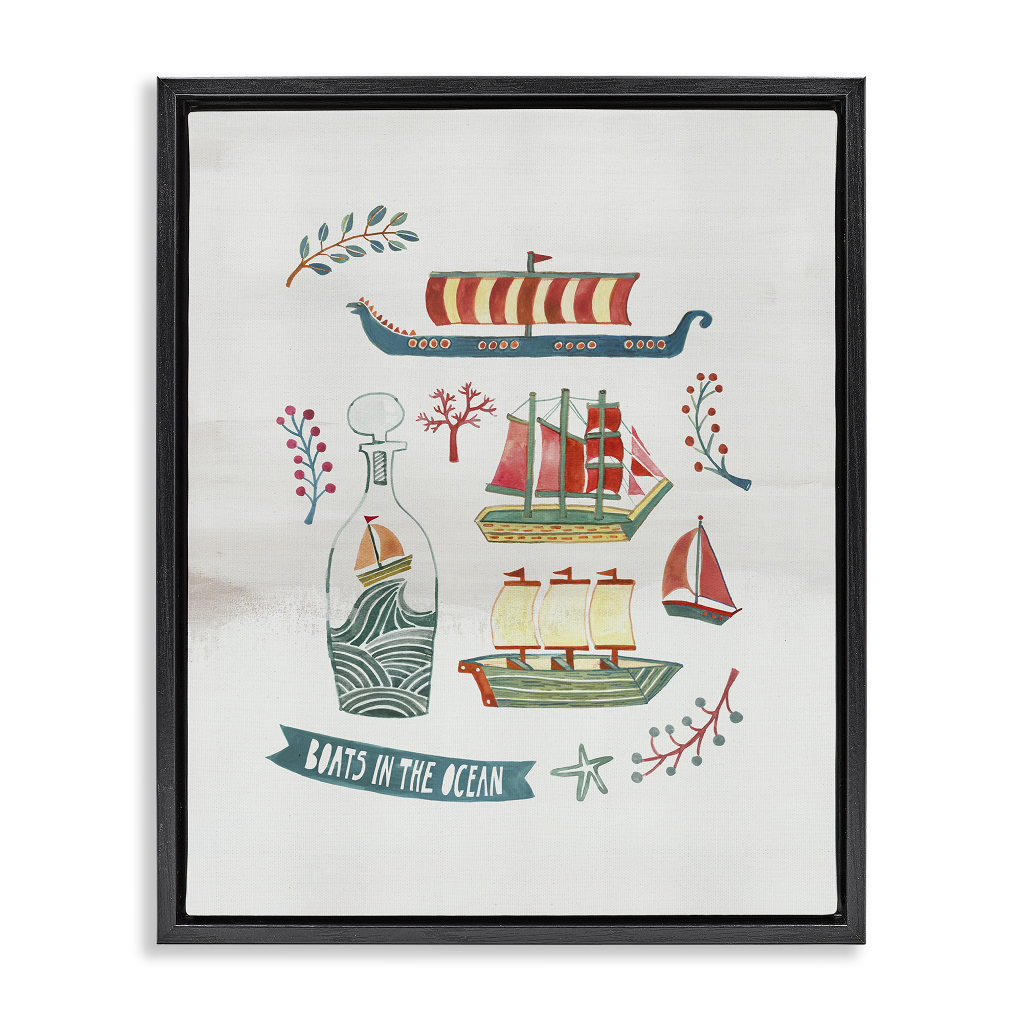 Stupell Industries Nautical Boats & Botanicals Nautical & Beach Painting Black Floater Framed Canvas Art Print Wall Art, 17 x 21