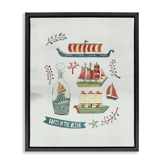 Stupell Industries Nautical Boats & Botanicals Nautical & Beach Painting Black Floater Framed Canvas Art Print Wall Art, 17 x 21