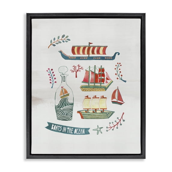 Stupell Industries Nautical Boats & Botanicals Nautical & Beach Painting Black Floater Framed Canvas Art Print Wall Art, 25 x 31