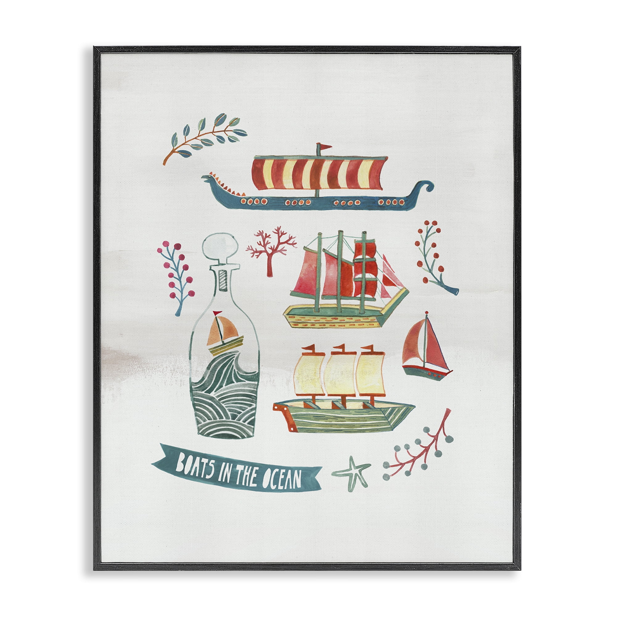 Stupell Industries Nautical Boats & Botanicals Nautical & Beach Painting Black Framed Art Print Wall Art, 16 x 20