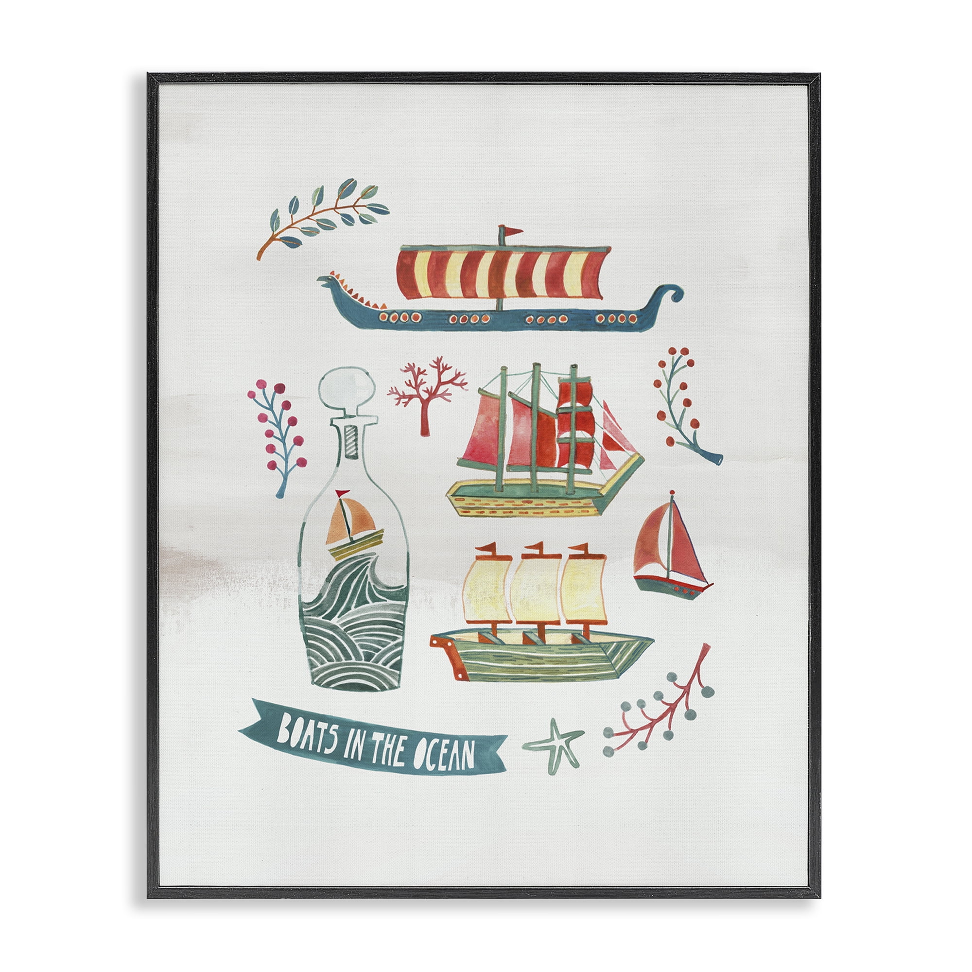 Stupell Industries Nautical Boats & Botanicals Nautical & Beach Painting Black Framed Art Print Wall Art, 24 x 30