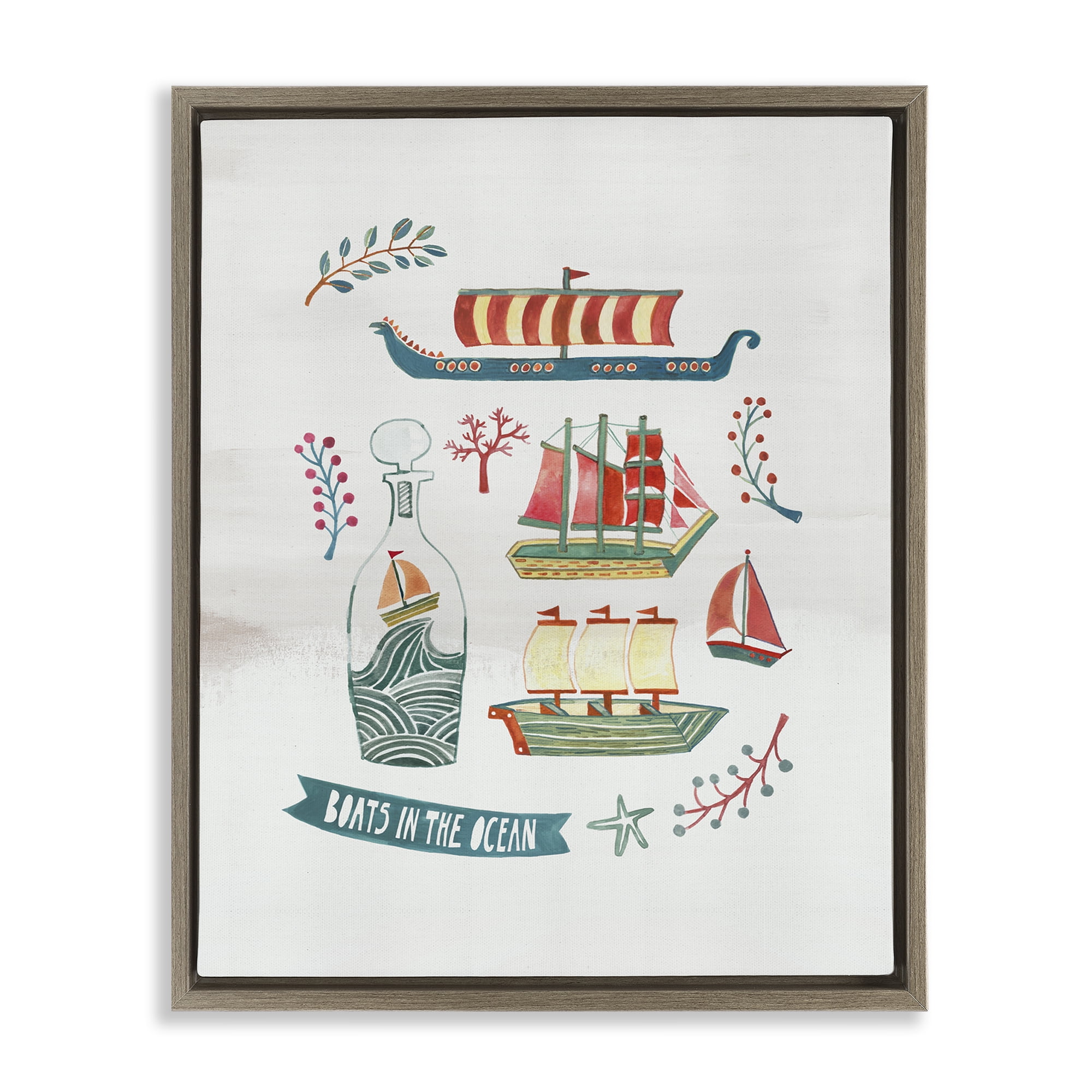 Stupell Industries Nautical Boats & Botanicals Nautical & Beach Painting Brown Floater Framed Canvas Art Print Wall Art, 17 x 21