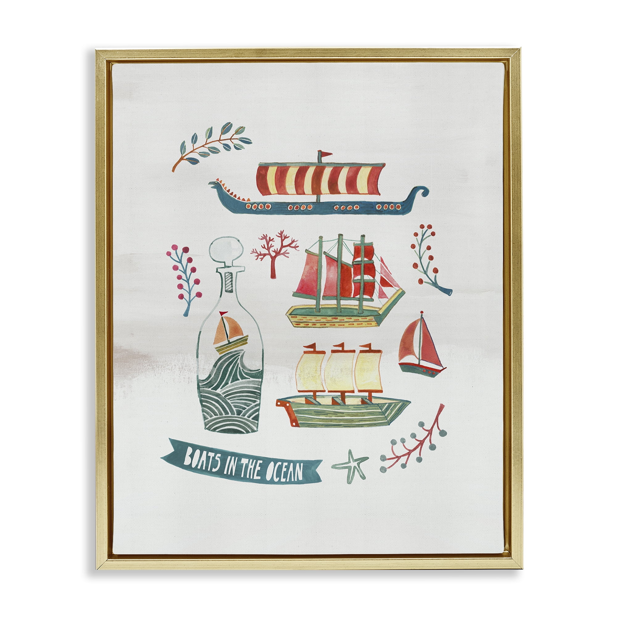 Stupell Industries Nautical Boats & Botanicals Nautical & Beach Painting Gold Floater Framed Canvas Art Print Wall Art, 17 x 21
