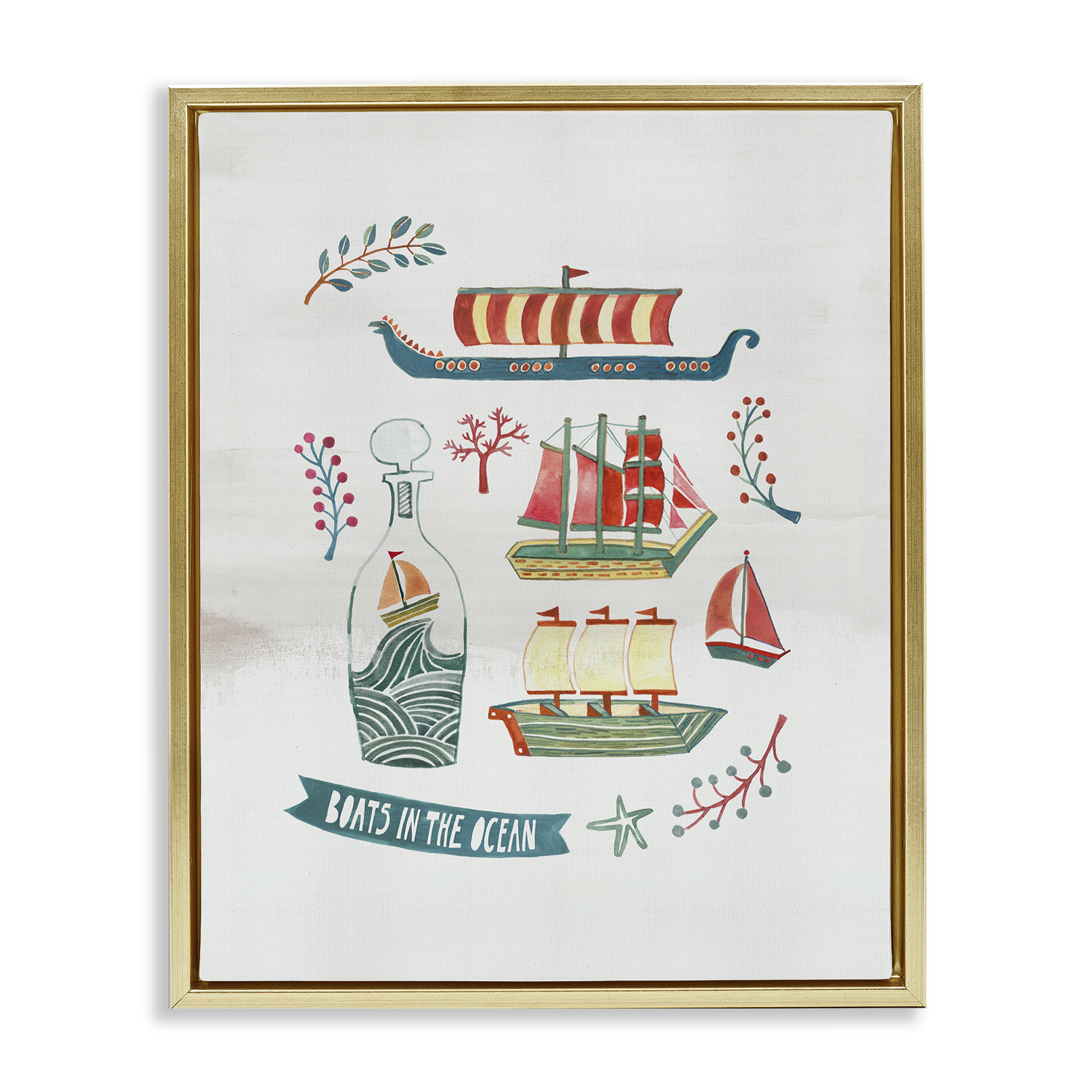 Stupell Industries Nautical Boats & Botanicals Nautical & Beach Painting Gold Floater Framed Canvas Art Print Wall Art, 25 x 31