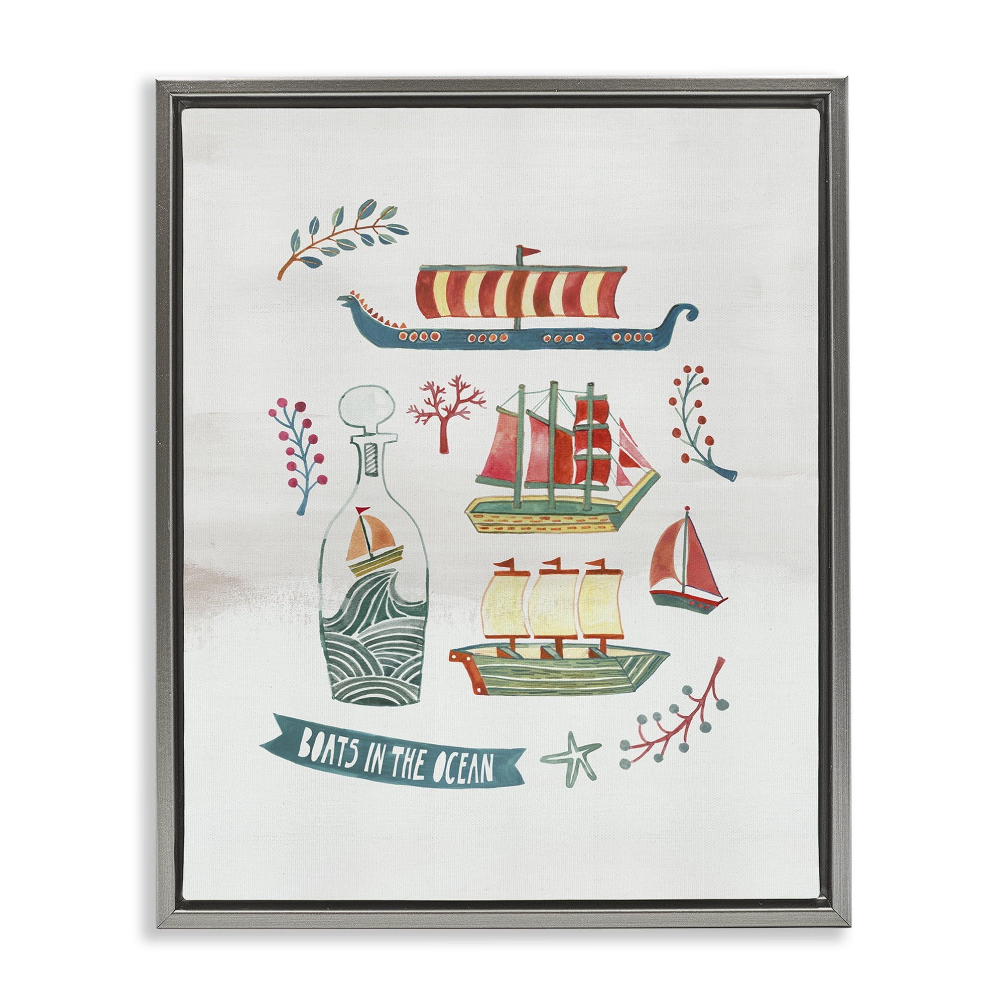 Stupell Industries Nautical Boats & Botanicals Nautical & Beach Painting Gray Floater Framed Canvas Art Print Wall Art, 17 x 21