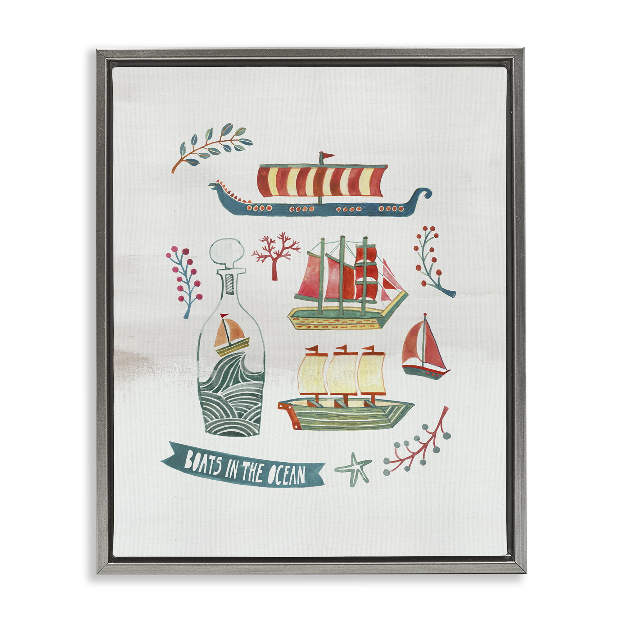Stupell Industries Nautical Boats & Botanicals Nautical & Beach Painting Gray Floater Framed Canvas Art Print Wall Art, 25 x 31