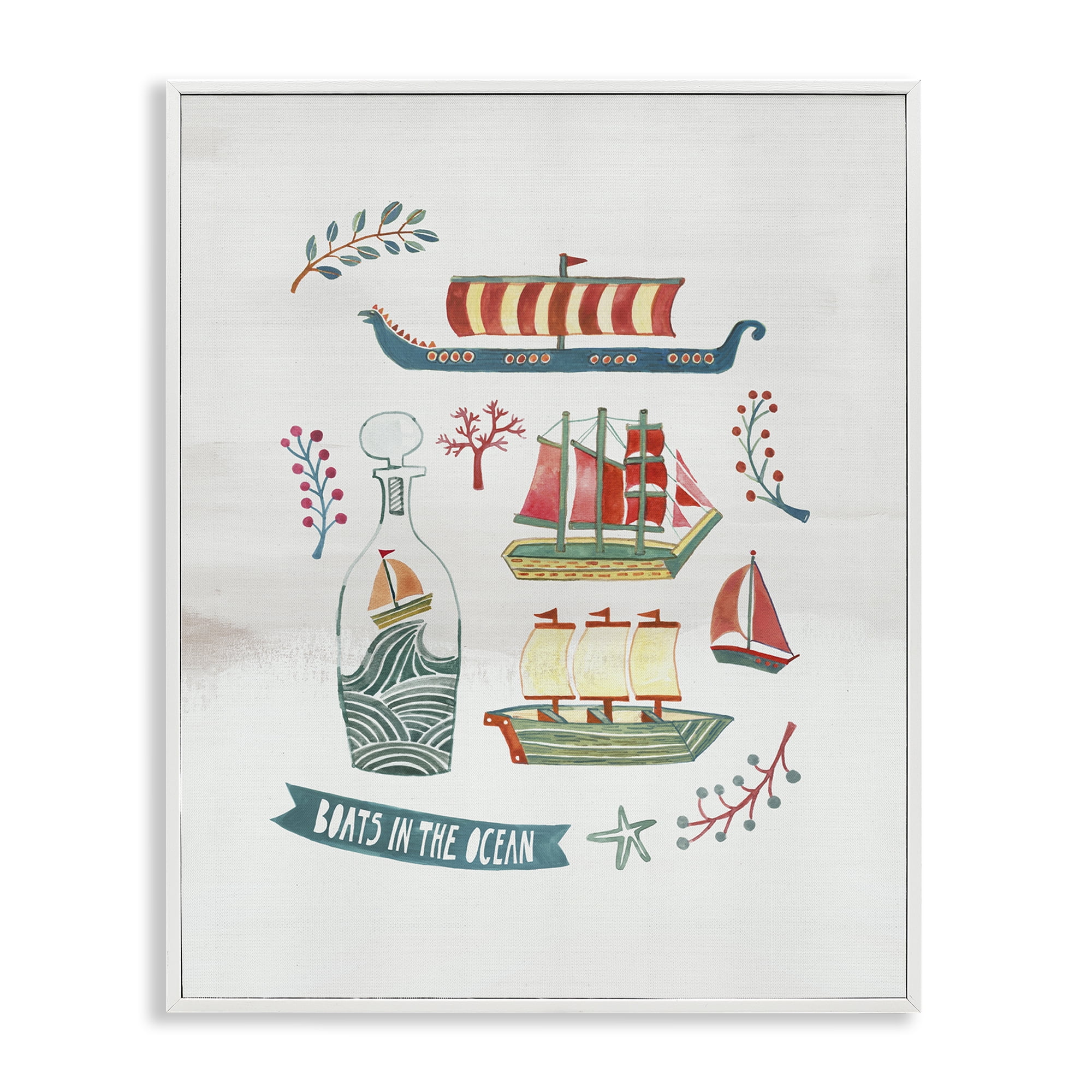 Stupell Industries Nautical Boats & Botanicals Nautical & Beach Painting White Framed Art Print Wall Art, 11 x 14