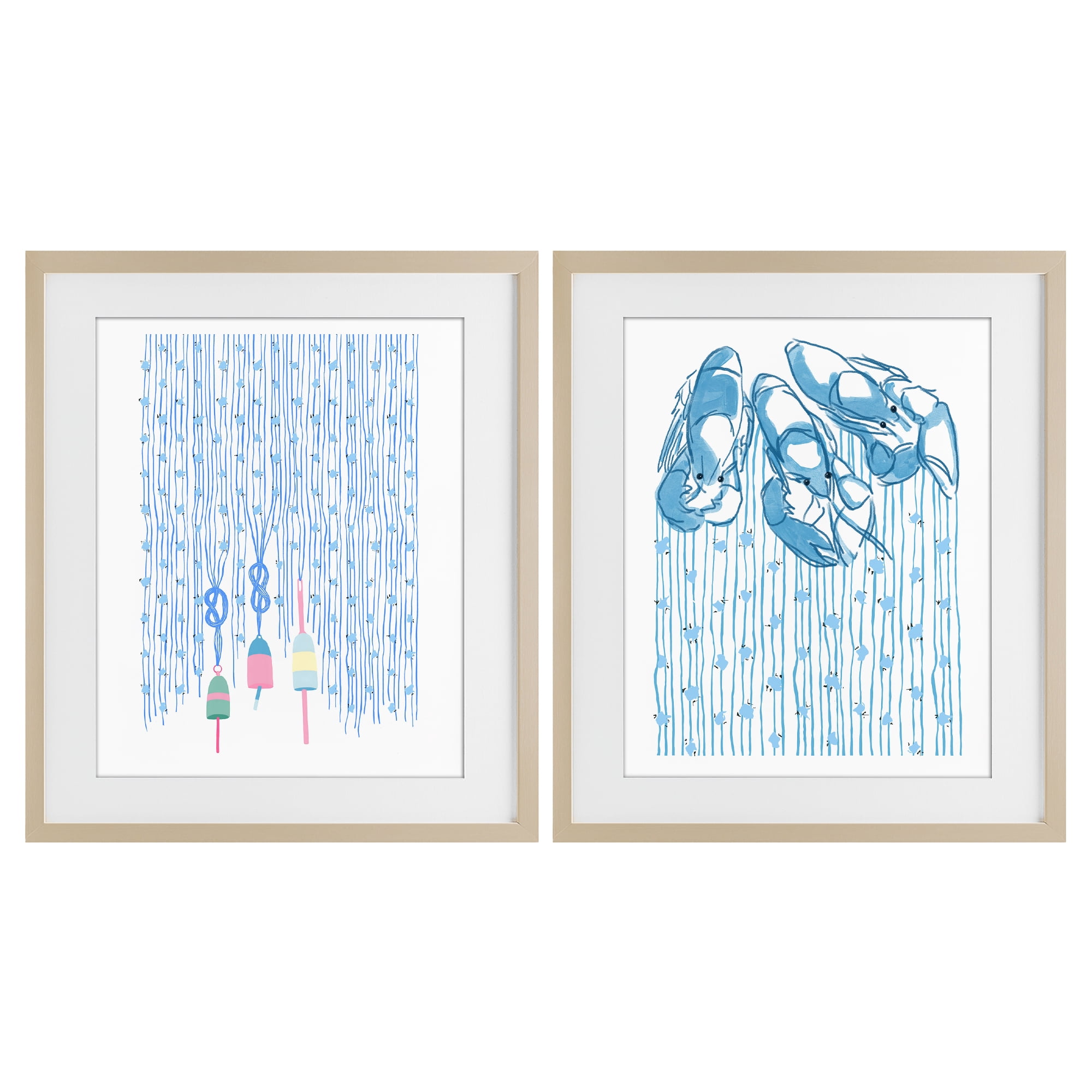 Stupell Industries Nautical Buoys & Lobsters 2 Piece Birch Framed Print Under Glass Set, design by Melissa Tilley