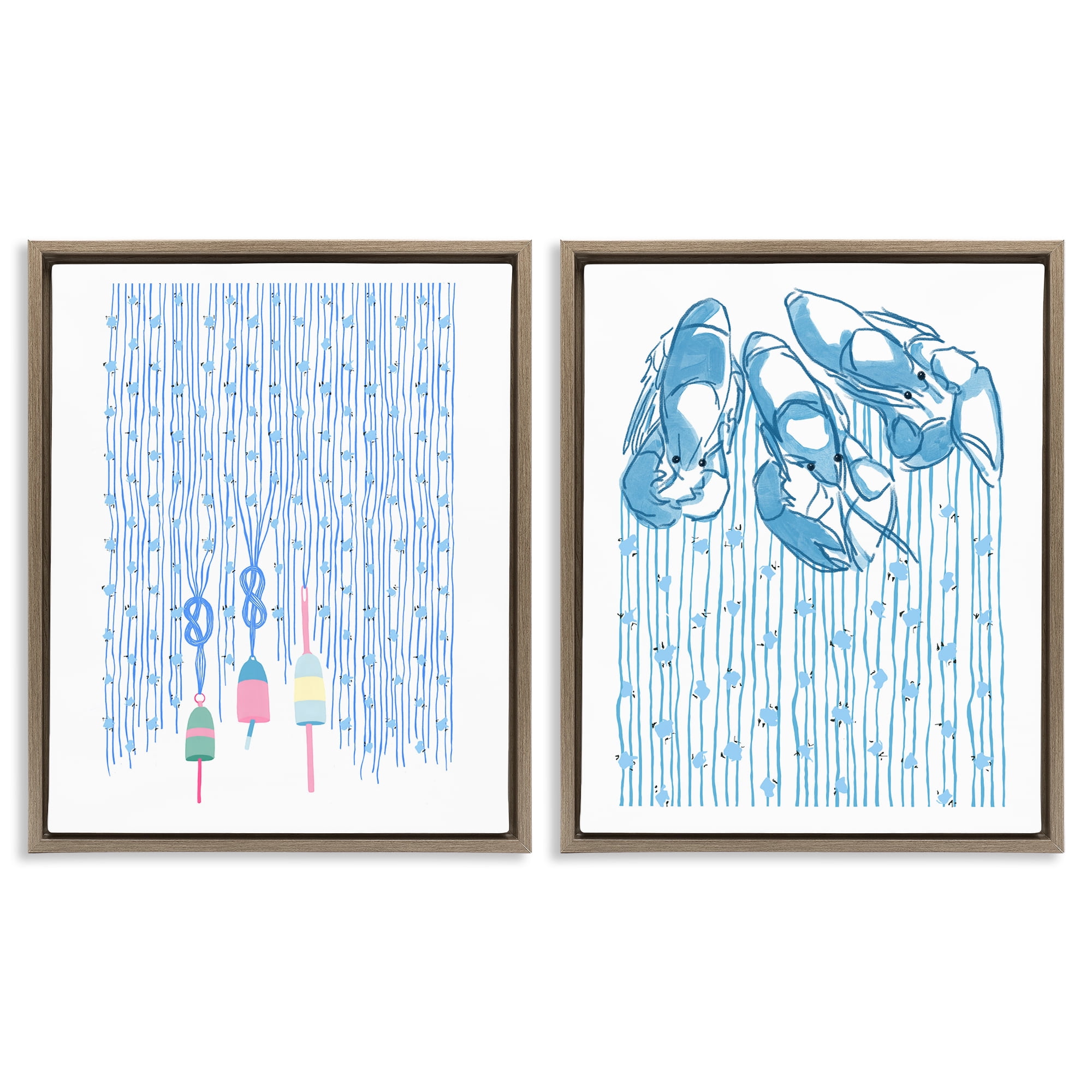 Stupell Industries Nautical Buoys & Lobsters 2 Piece Brown Framed Floater Canvas Set, design by Melissa Tilley