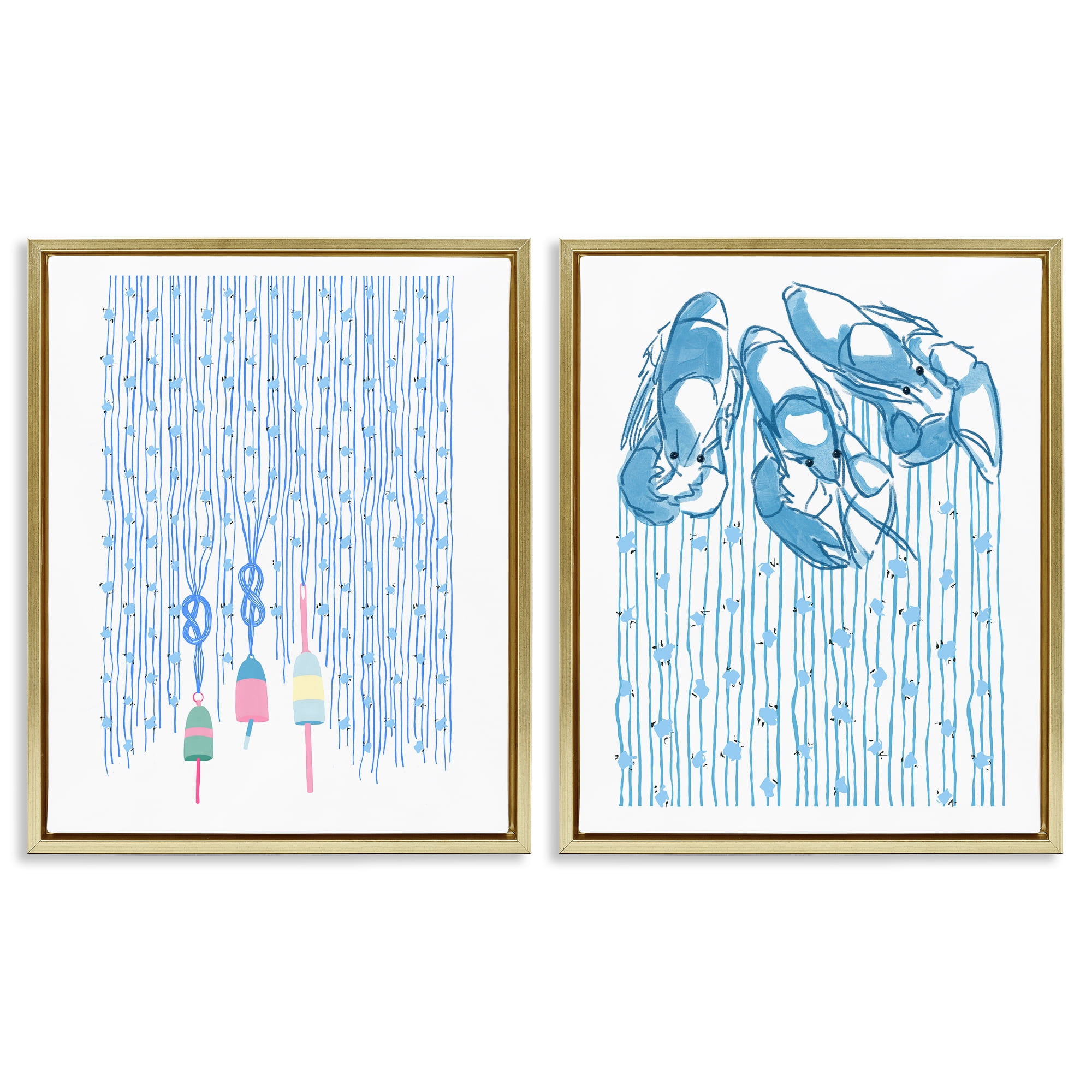Stupell Industries Nautical Buoys & Lobsters 2 Piece Gold Framed Floater Canvas Set, design by Melissa Tilley