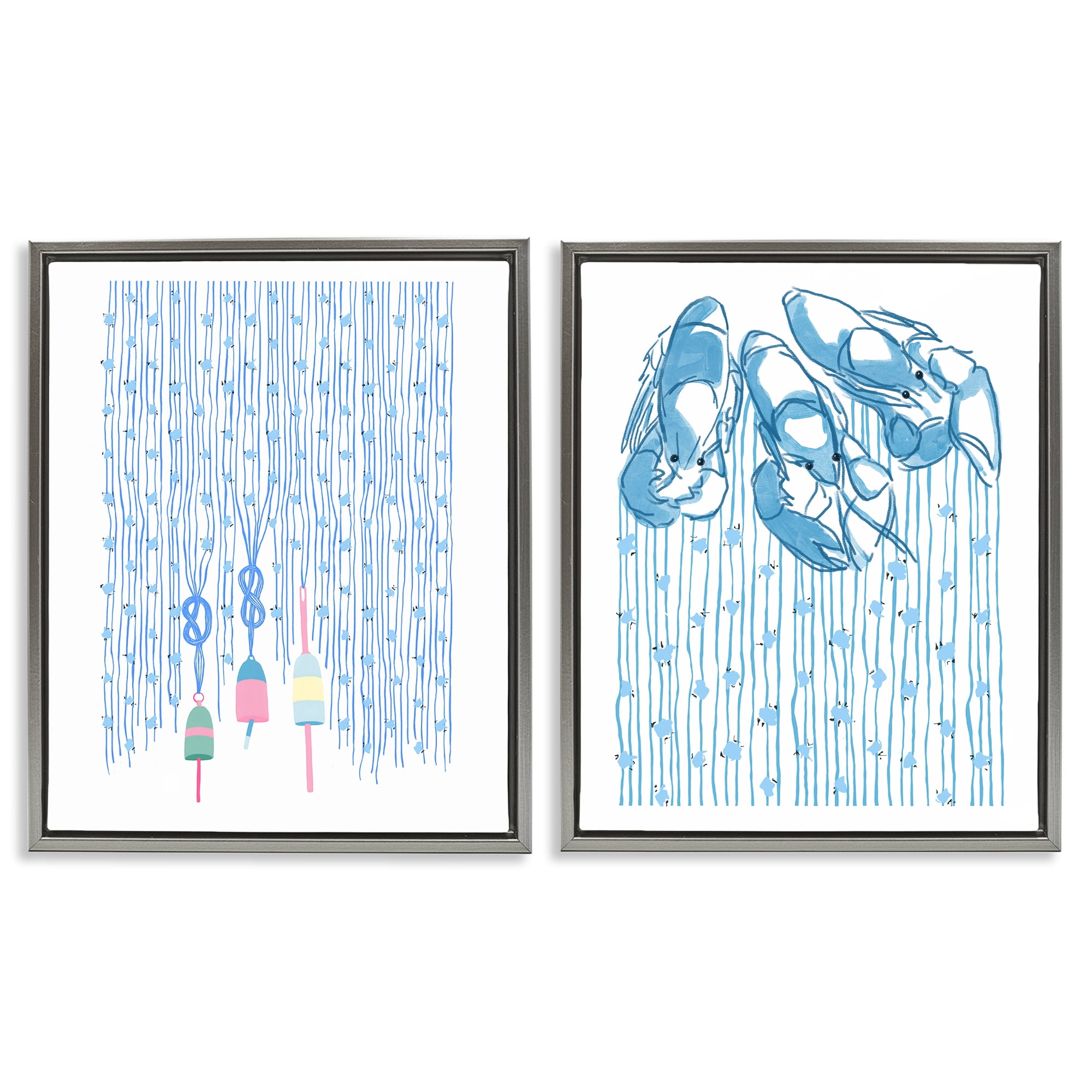 Stupell Industries Nautical Buoys & Lobsters 2 Piece Gray Framed Floater Canvas Set, design by Melissa Tilley