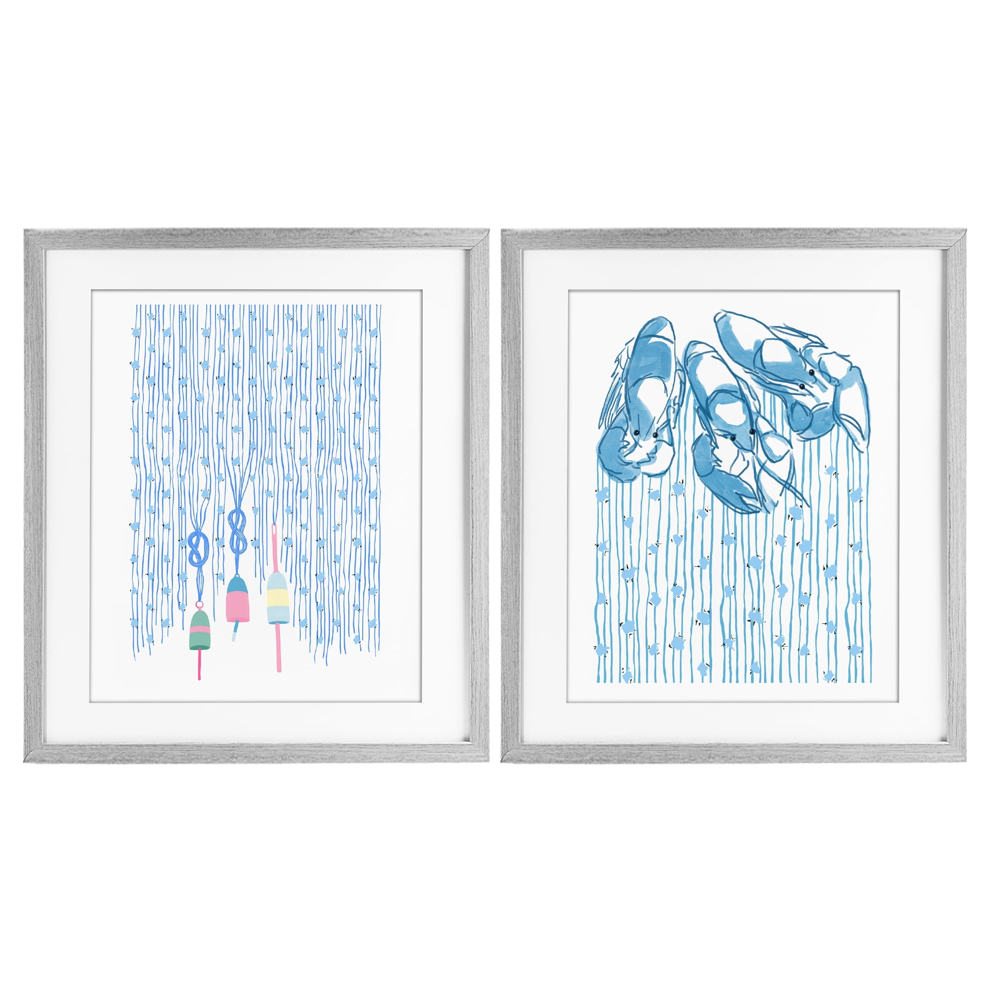 Stupell Industries Nautical Buoys & Lobsters 2 Piece Gray Framed Print Under Glass Set, design by Melissa Tilley
