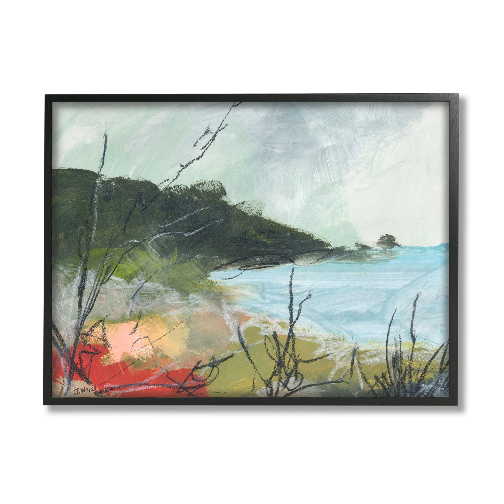 Stupell Industries Nautical Cove and Grassy Cliff Scratch Line Abstraction Nature Painting Black Framed Art Print Wall Art, 24 x 30