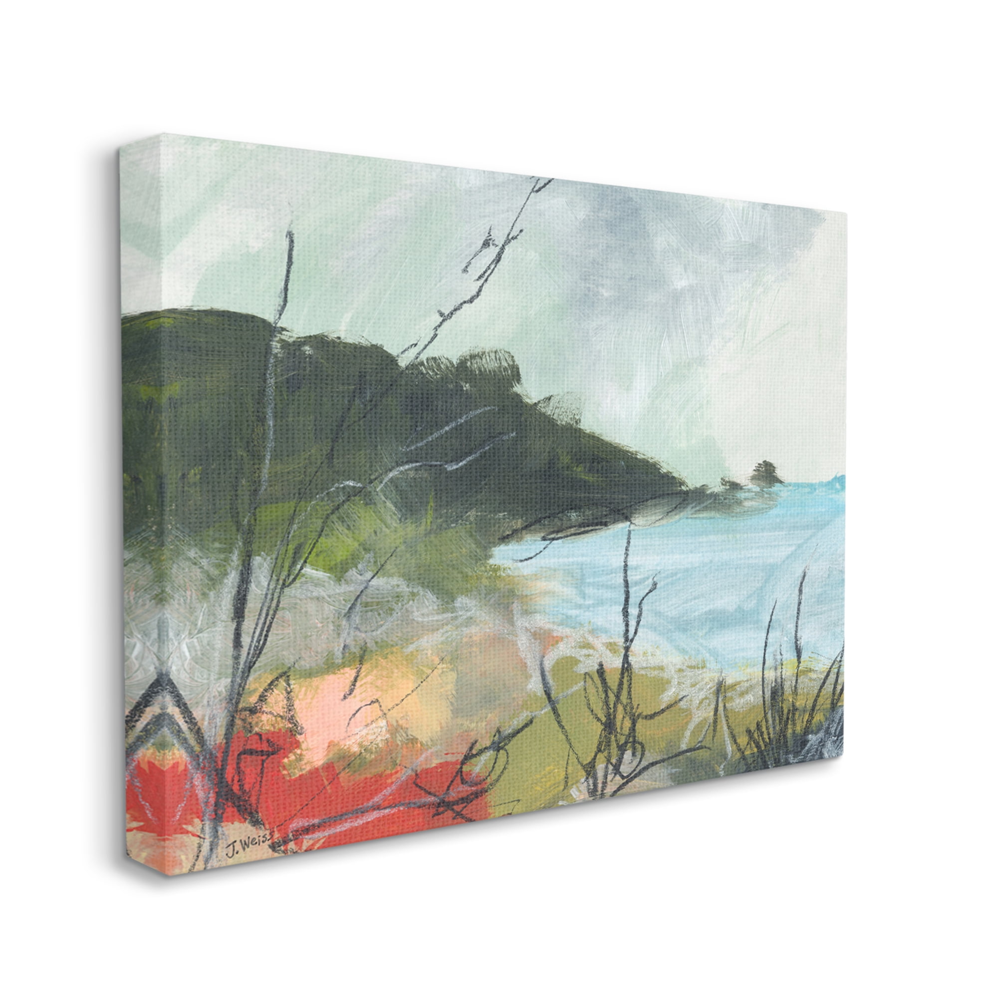 Stupell Industries Nautical Cove and Grassy Cliff Scratch Line Abstraction Nature Painting Gallery Wrapped Canvas Print Wall Art, 24 x 30