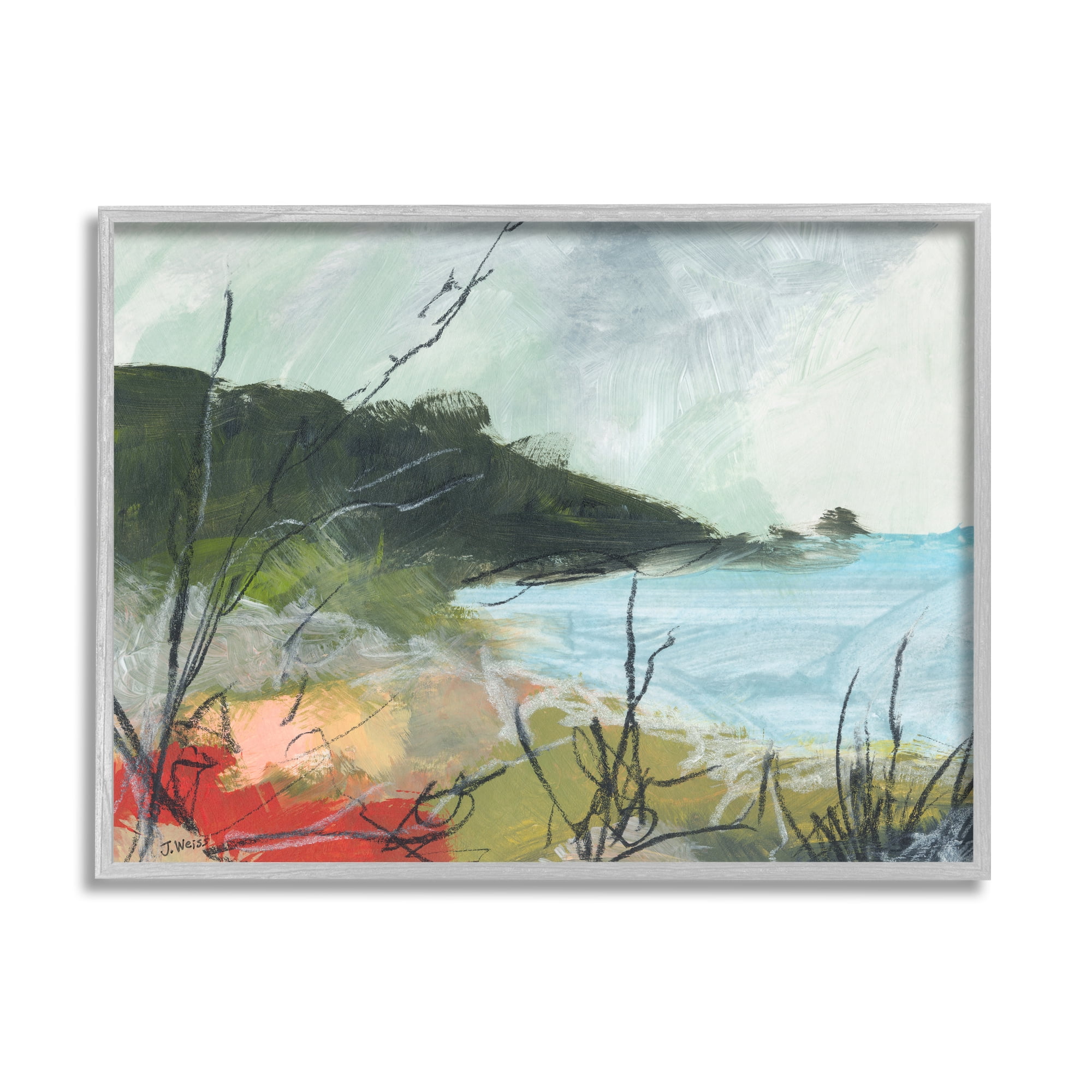Stupell Industries Nautical Cove and Grassy Cliff Scratch Line Abstraction Nature Painting Gray Framed Art Print Wall Art, 11 x 14