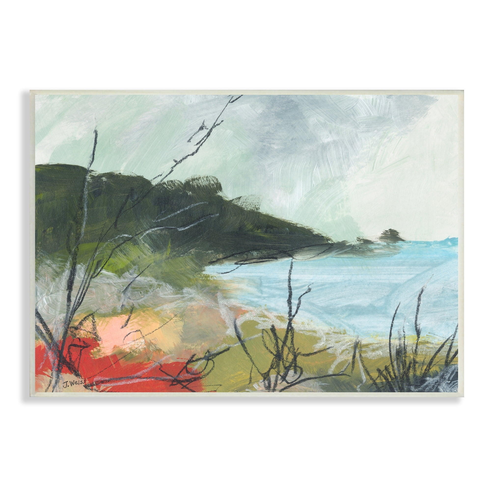 Stupell Industries Nautical Cove and Grassy Cliff Scratch Line Abstraction Nature Painting Unframed Art Print Wall Art, 13 x 19
