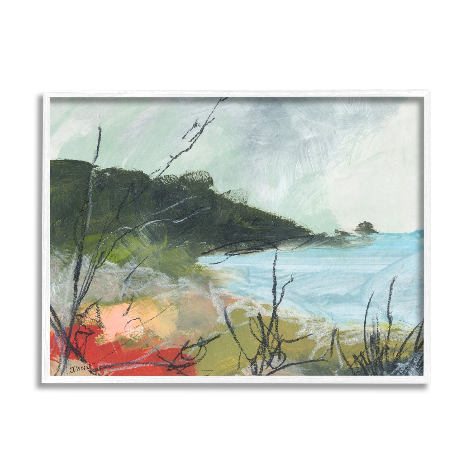 Stupell Industries Nautical Cove and Grassy Cliff Scratch Line Abstraction Nature Painting White Framed Art Print Wall Art, 24 x 30