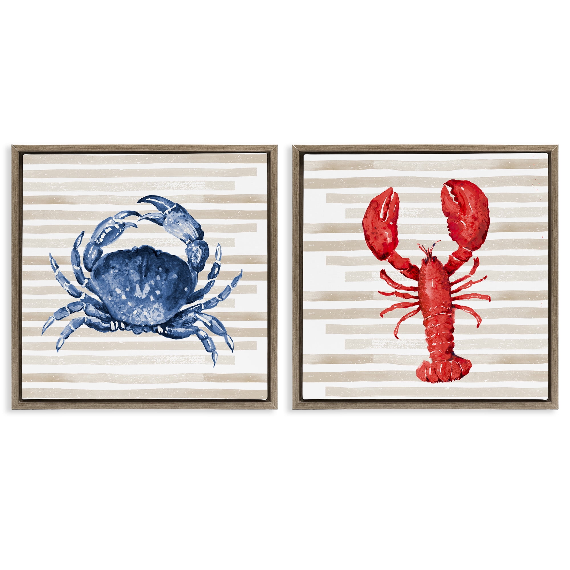 Stupell Industries Nautical Crab & Lobster Beige Stripes Animals & Insects Painting Brown Floater Framed Canvas Art Print Wall Art, 18 x 18, Set of 2