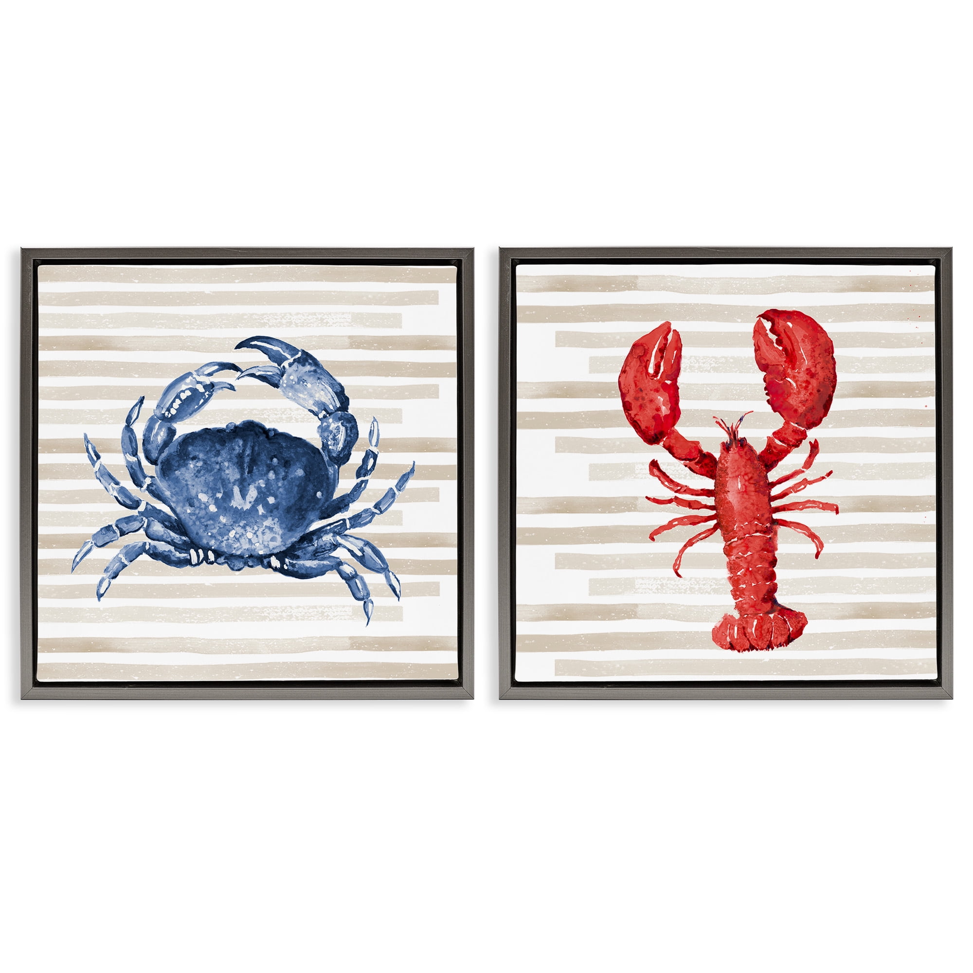 Stupell Industries Nautical Crab & Lobster Beige Stripes Animals & Insects Painting Gray Floater Framed Canvas Art Print Wall Art, 18 x 18, Set of 2