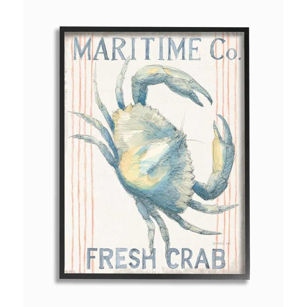 Stupell Industries Nautical Crab Maritime Seafood Sign Pastel Watercolor Framed Wall Art Design by Danhui Nai, 11" x 14", Black Framed