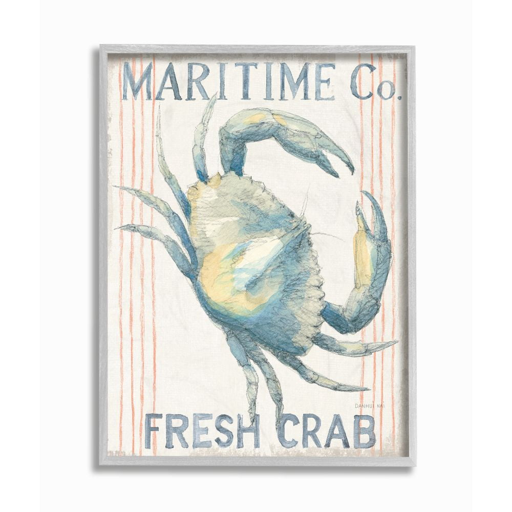 Stupell Industries Nautical Crab Maritime Seafood Sign Pastel Watercolor Framed Wall Art Design by Danhui Nai, 16" x 20", Gray Framed