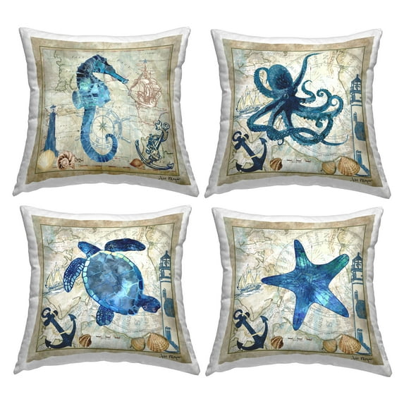 Stupell Industries Nautical Creatures on Map Decorative Printed Throw Pillow Design by Jill Meyer (Set of 4)