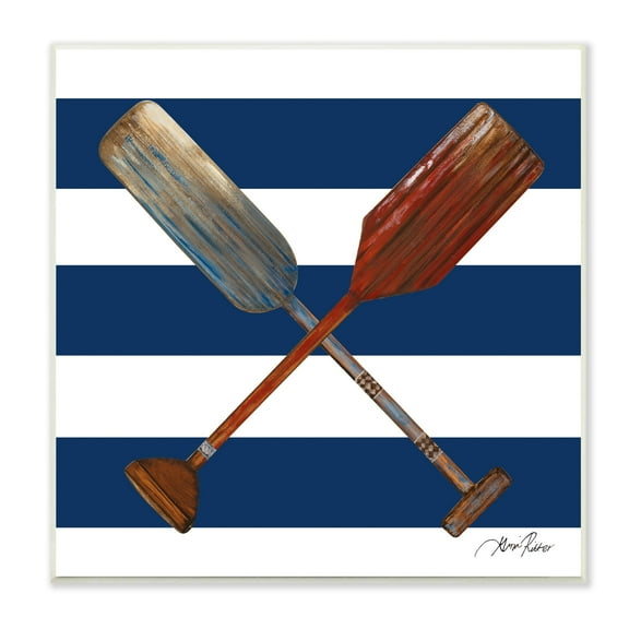 Stupell Industries Nautical Crossed Oars Wide Blue Band Striped Pattern,12 x 12, Design by Gina Ritter