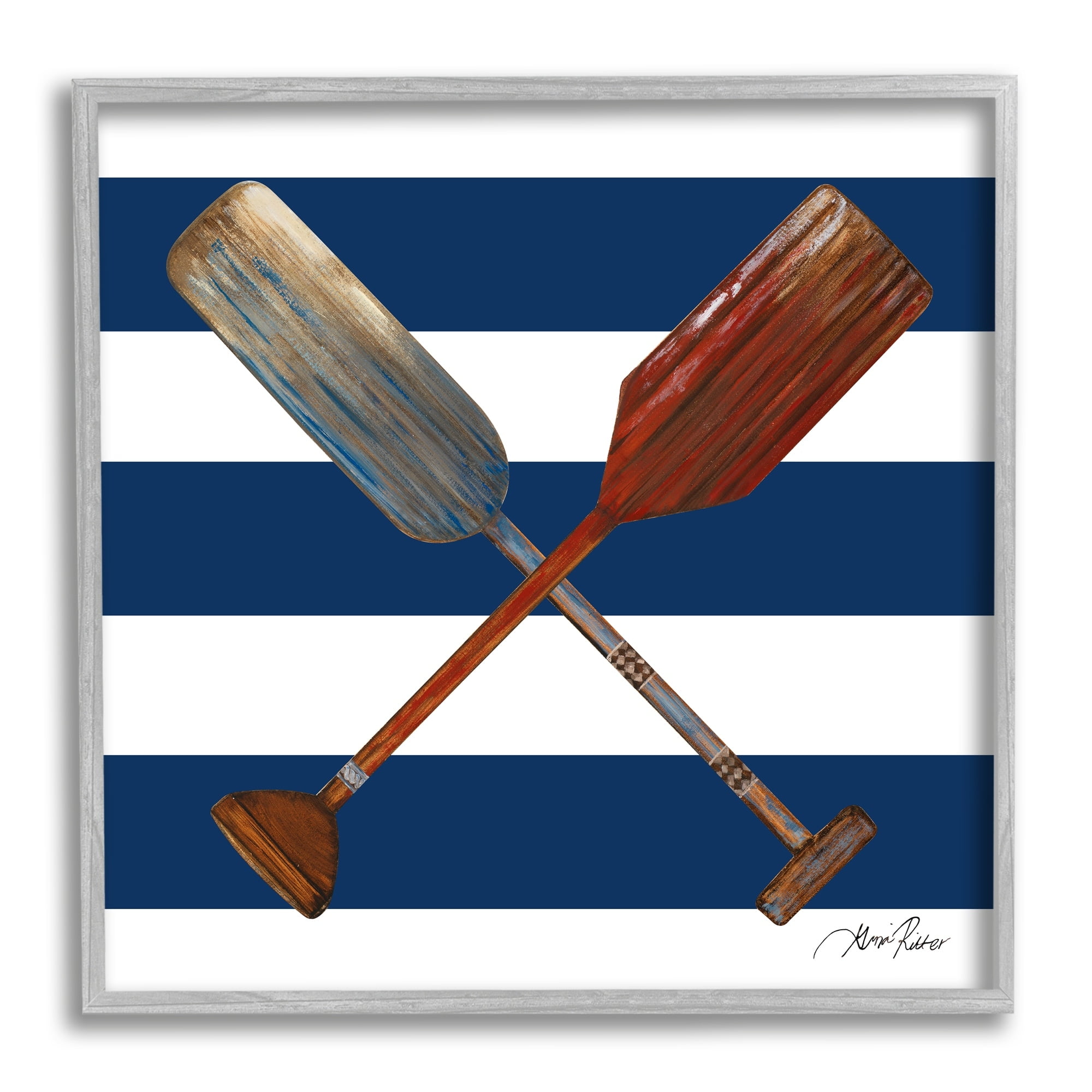 Stupell Industries Nautical Crossed Oars Wide Blue Band Striped Pattern,12 x 12, Design by Gina Ritter