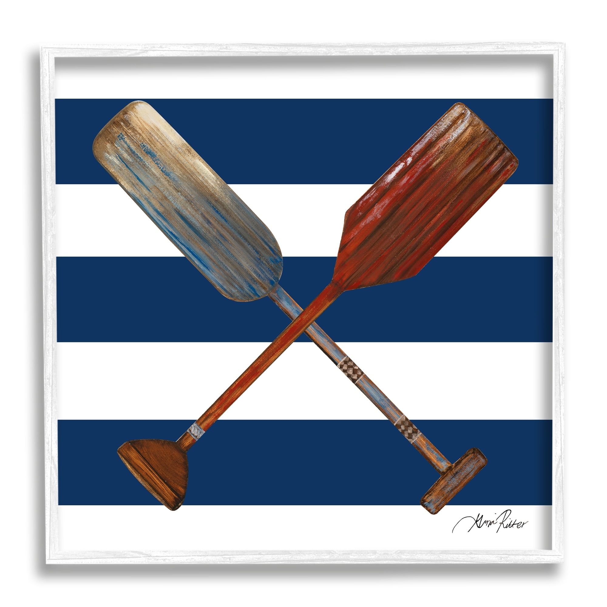 Stupell Industries Nautical Crossed Oars Wide Blue Band Striped Pattern,17 x 17, Design by Gina Ritter