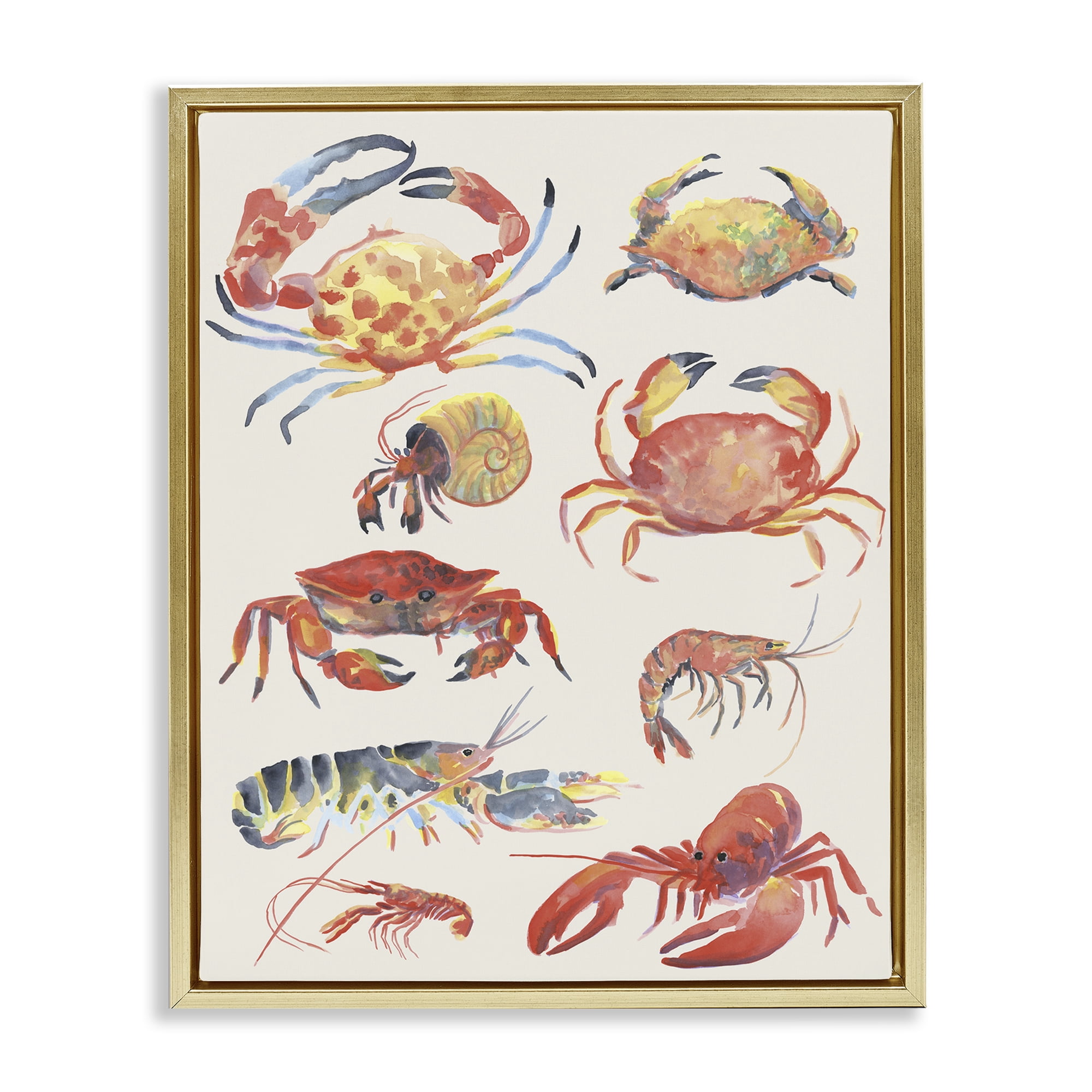 Stupell Industries Nautical Crustacean Collection Gold Framed Floater Canvas Wall Art, design by June Erica Vess