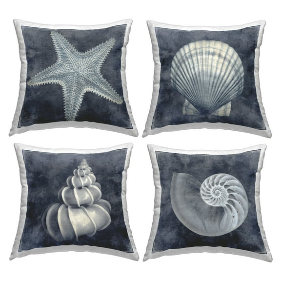 Stupell Industries Nautical Distressed Seashells and Starfish White Coastal Blue, 18 x 7 x 18, Decorative Pillows, (Set of 4)