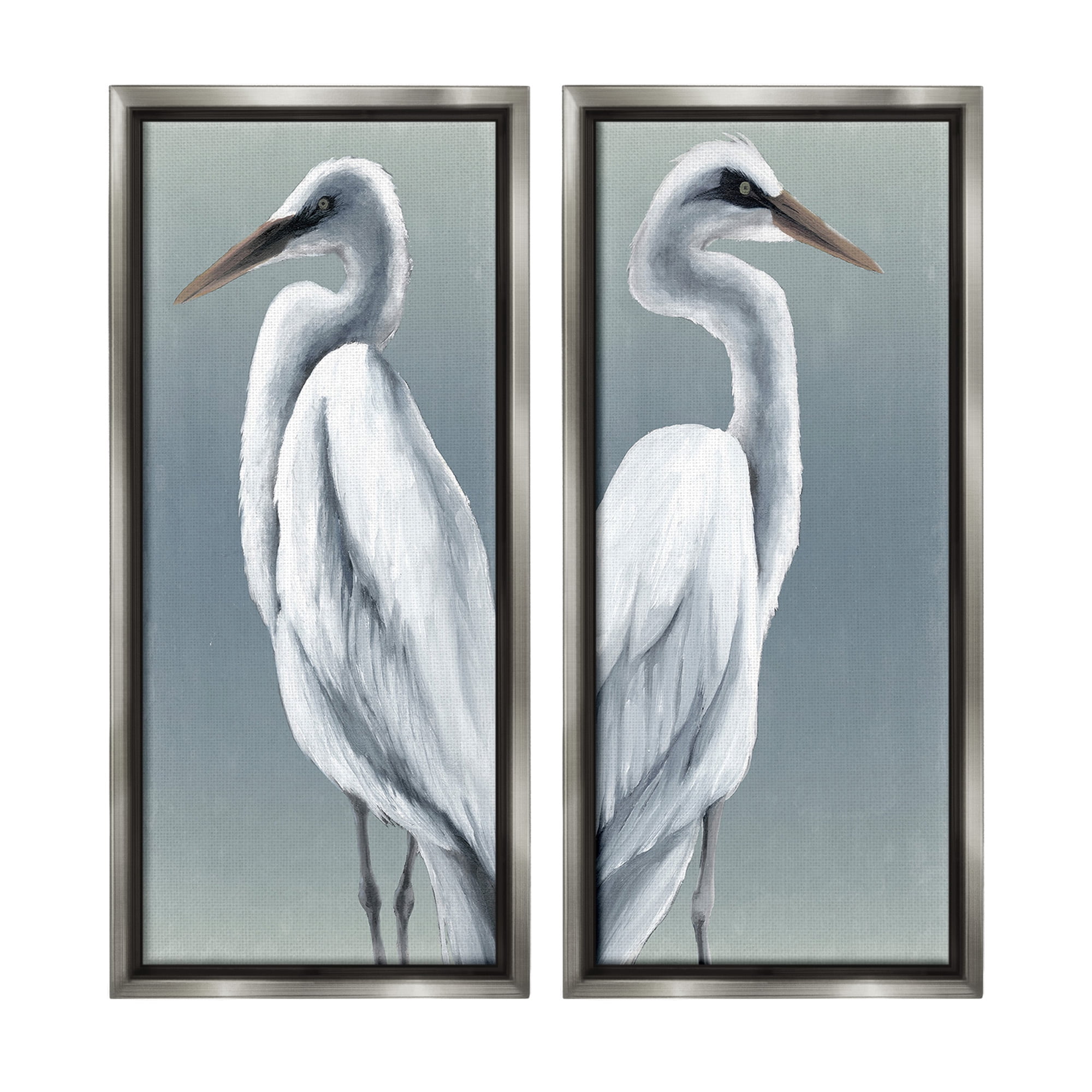Stupell Industries Nautical Egret Portraits Animals & Insects Painting Gray Floater Framed Canvas Art Print Wall Art, 14 x 31, Set of 2