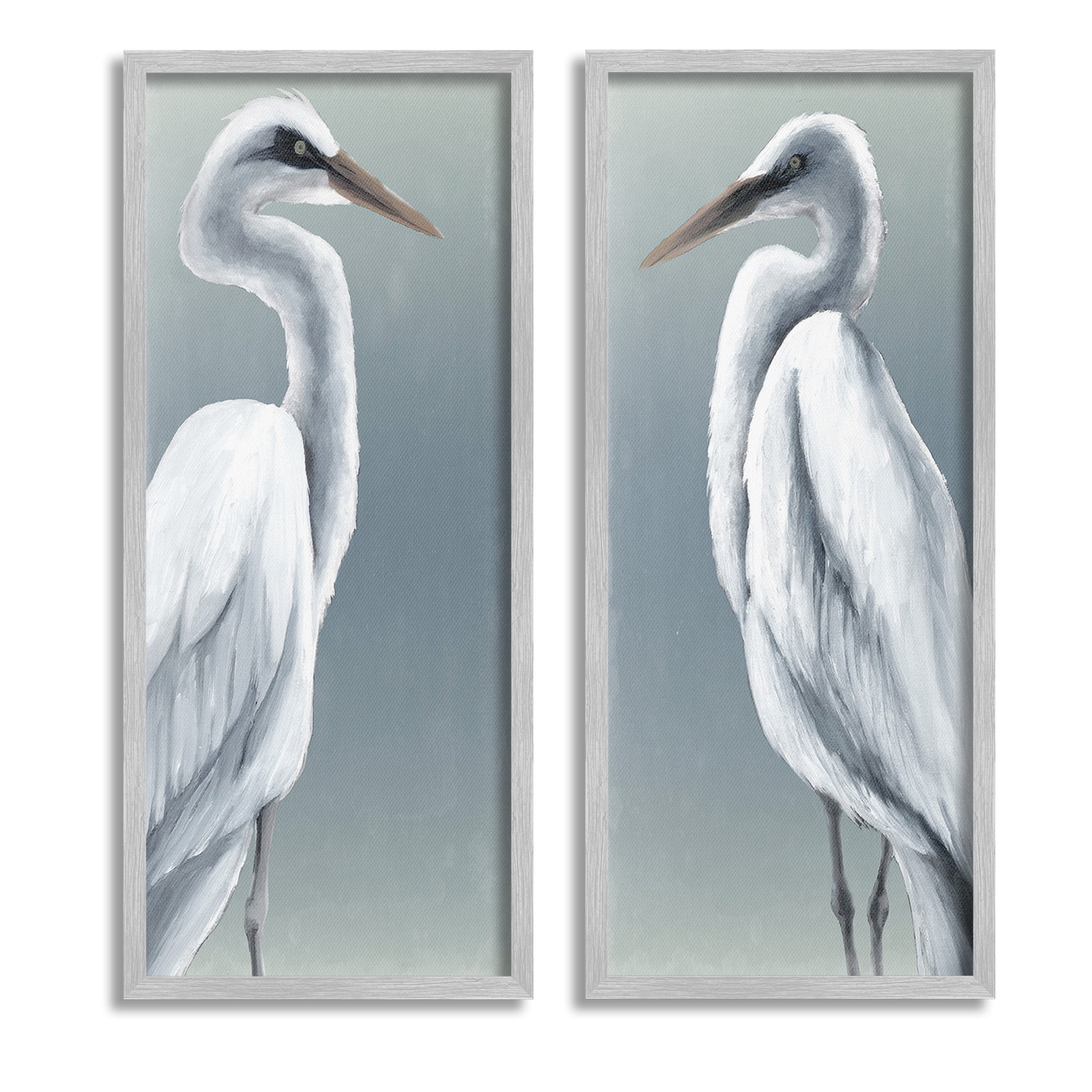 Stupell Industries Nautical Egret Portraits Animals & Insects Painting Gray Framed Art Print Wall Art, 10 x 24, Set of 2