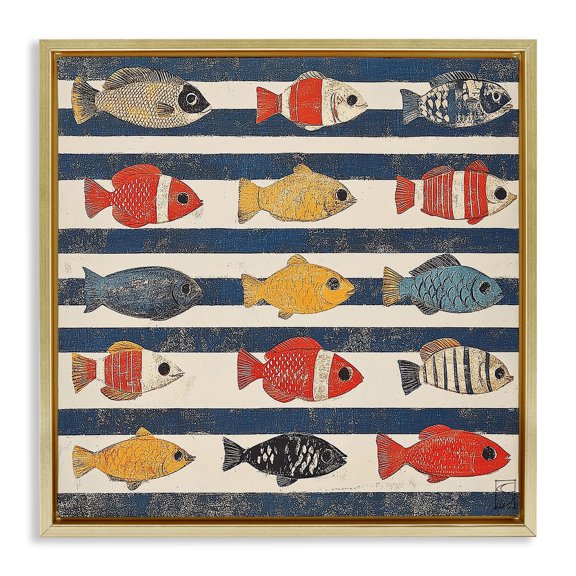 Stupell Industries Nautical Fish Assortment Gold Framed Floater Canvas Wall Art design by Sara Culpepper, 25 x 25