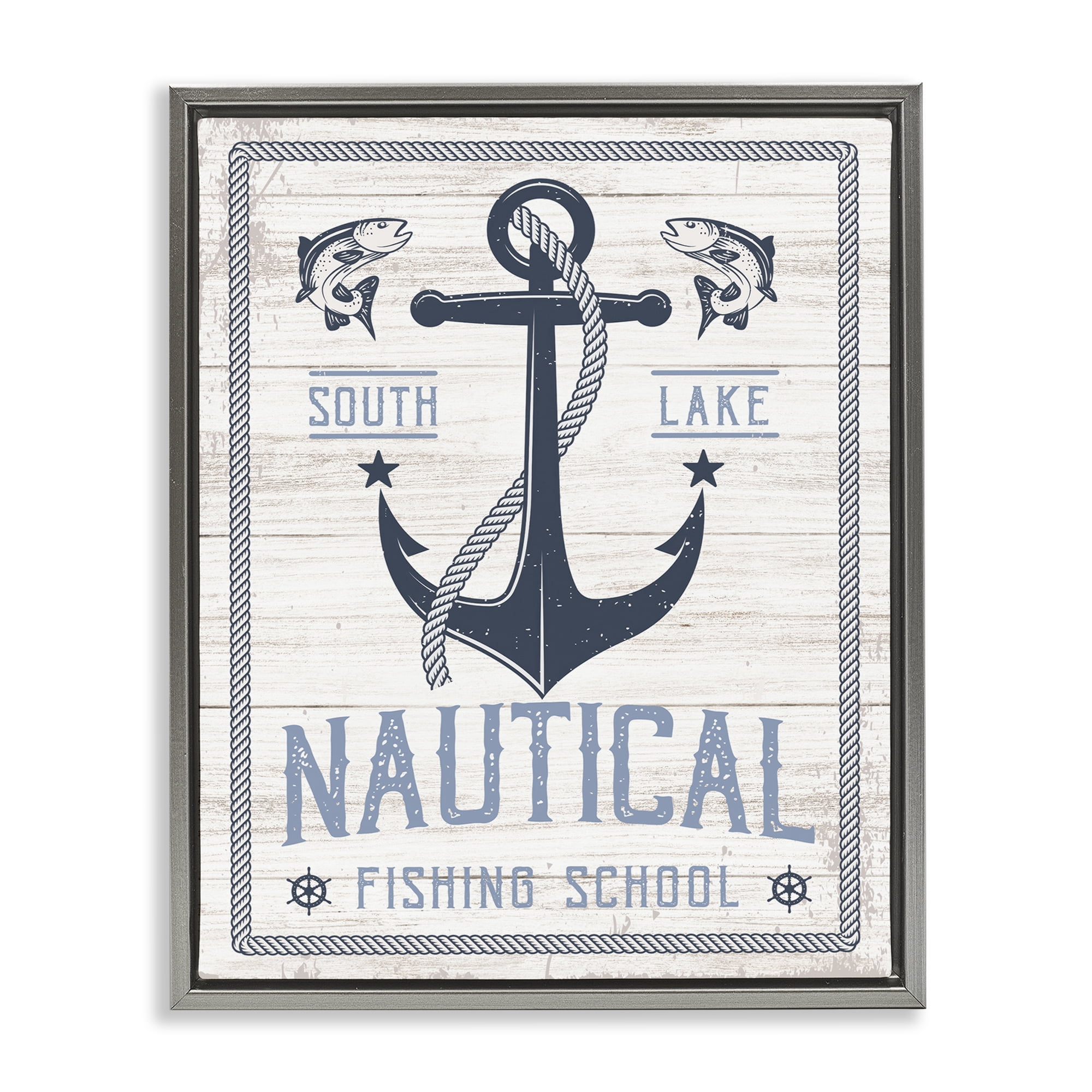 Stupell Industries Nautical Fishing School Nautical & Beach Painting Gray Floater Framed Canvas Art Print Wall Art, 17 x 21