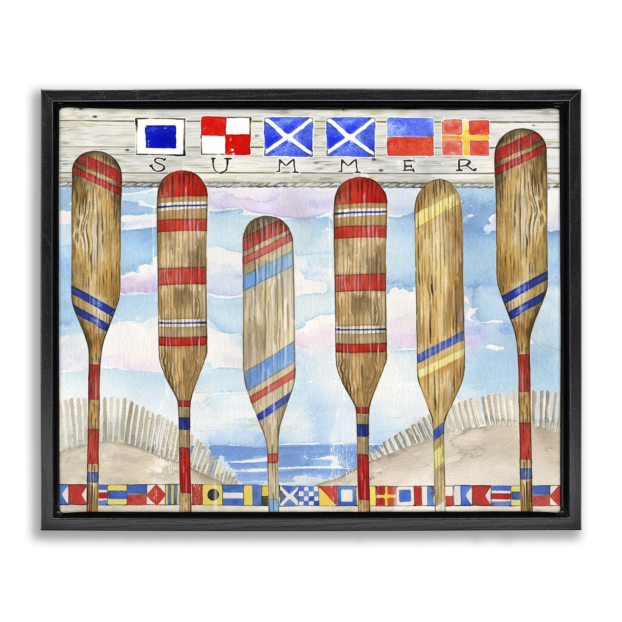 Stupell Industries Nautical Flags & Paddles Nautical & Beach Painting Black Floater Framed Canvas Art Print Wall Art, 21 x 17